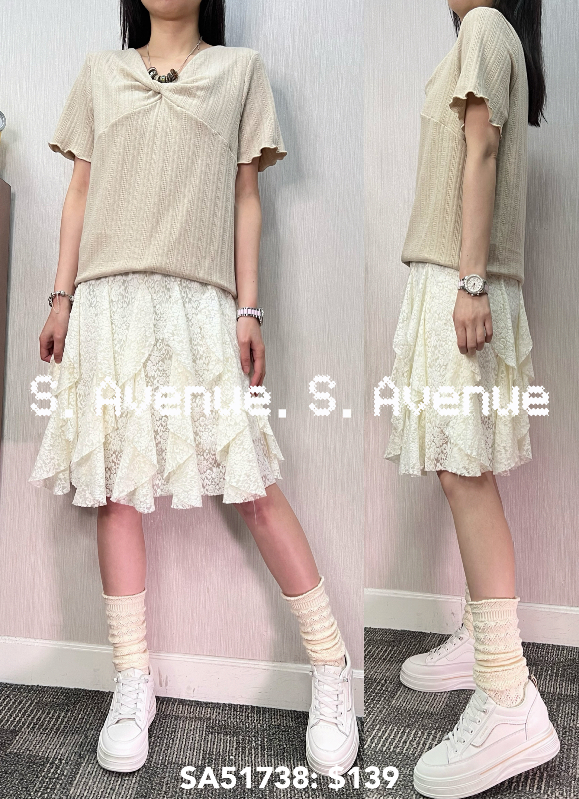 SA51738: 短袖波浪邊V領打結top