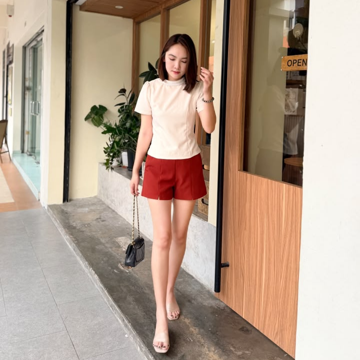 SS-Y690 STAND COLLAR SHORT SLLV BLOUSE