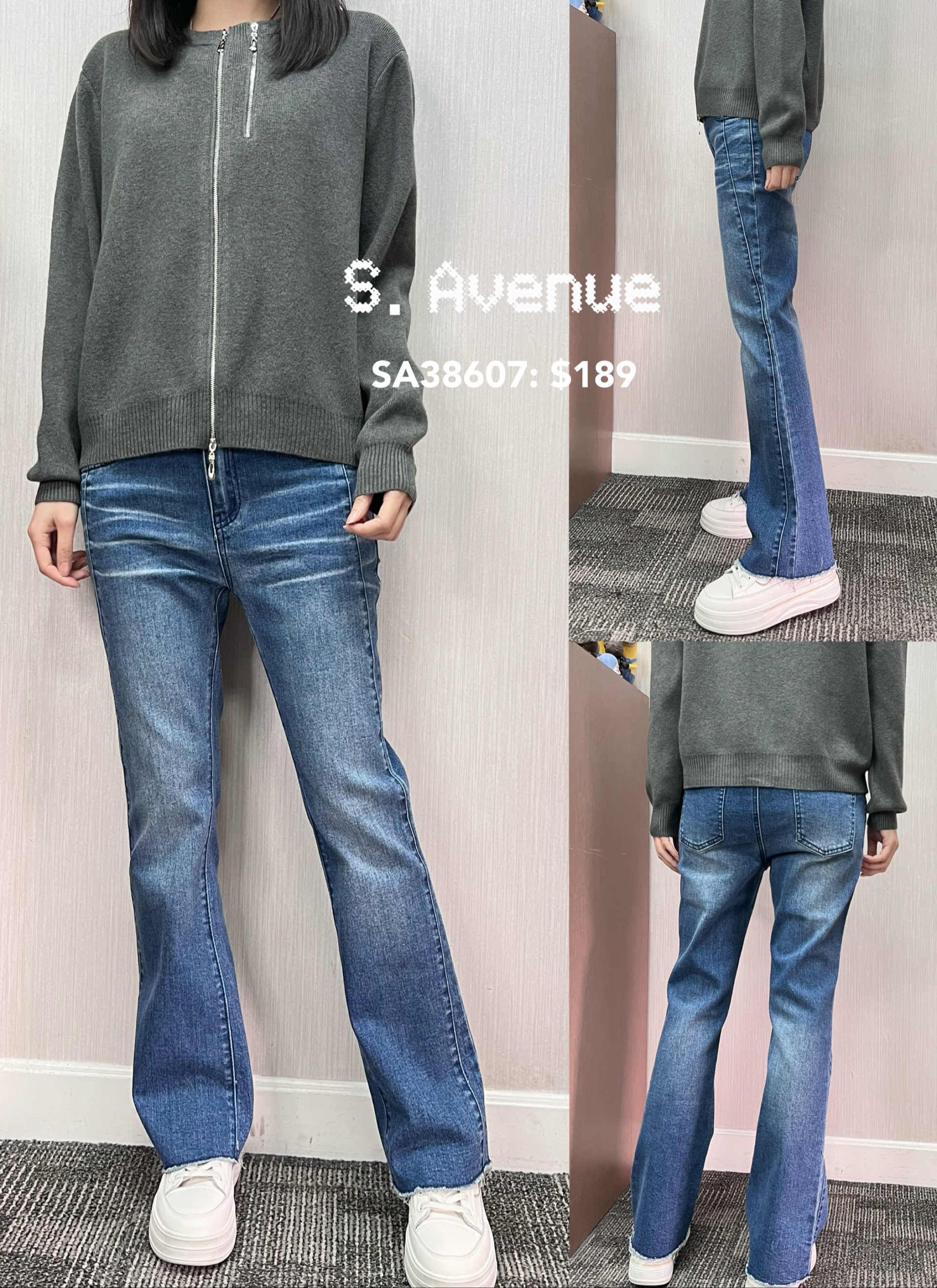 SA38607:前有鈕拉鍊靚洗水彈性小喇叭褲