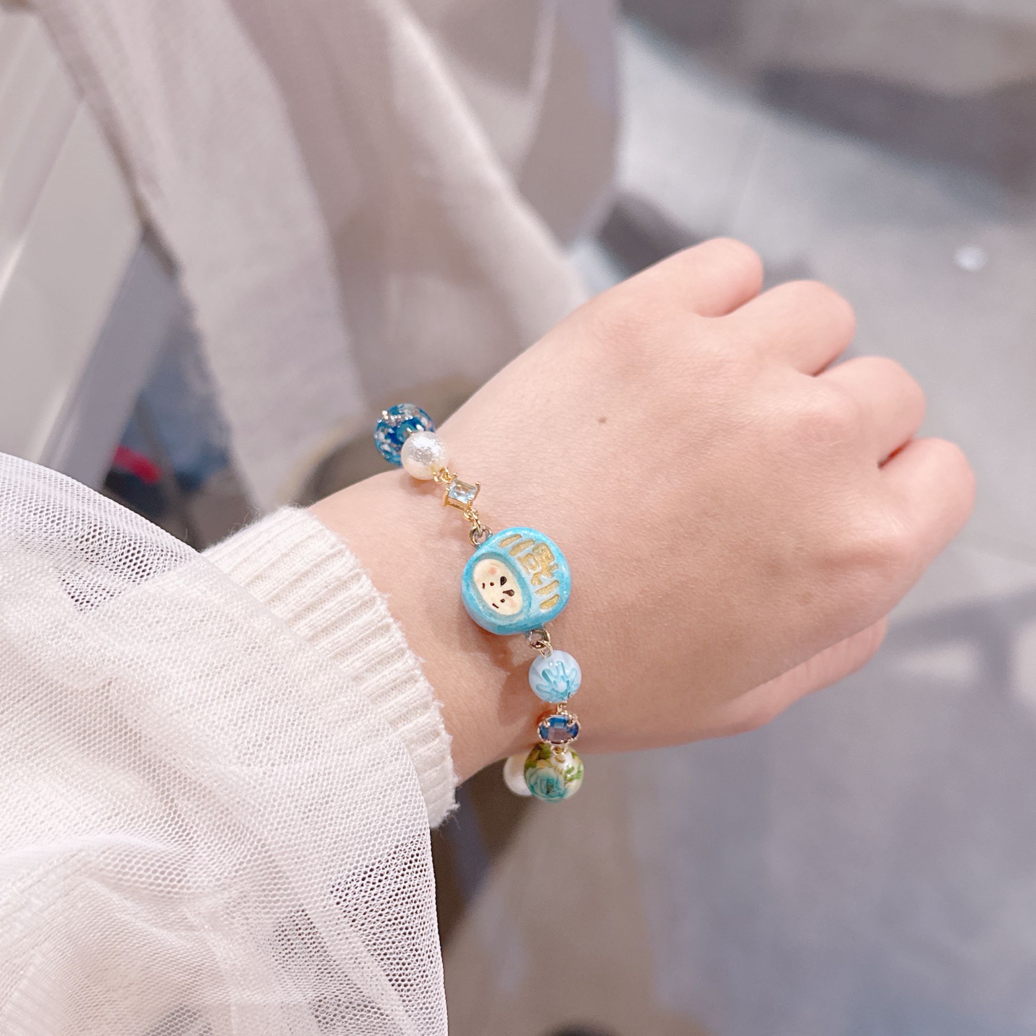 14K包金 手繪粉藍達摩 鋯石 玻璃珠 手鏈