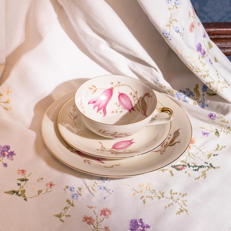 Vintage Pre-1969 German Hertel Jacob Flower Bud Foliage Tea Set Trio(NA0778)