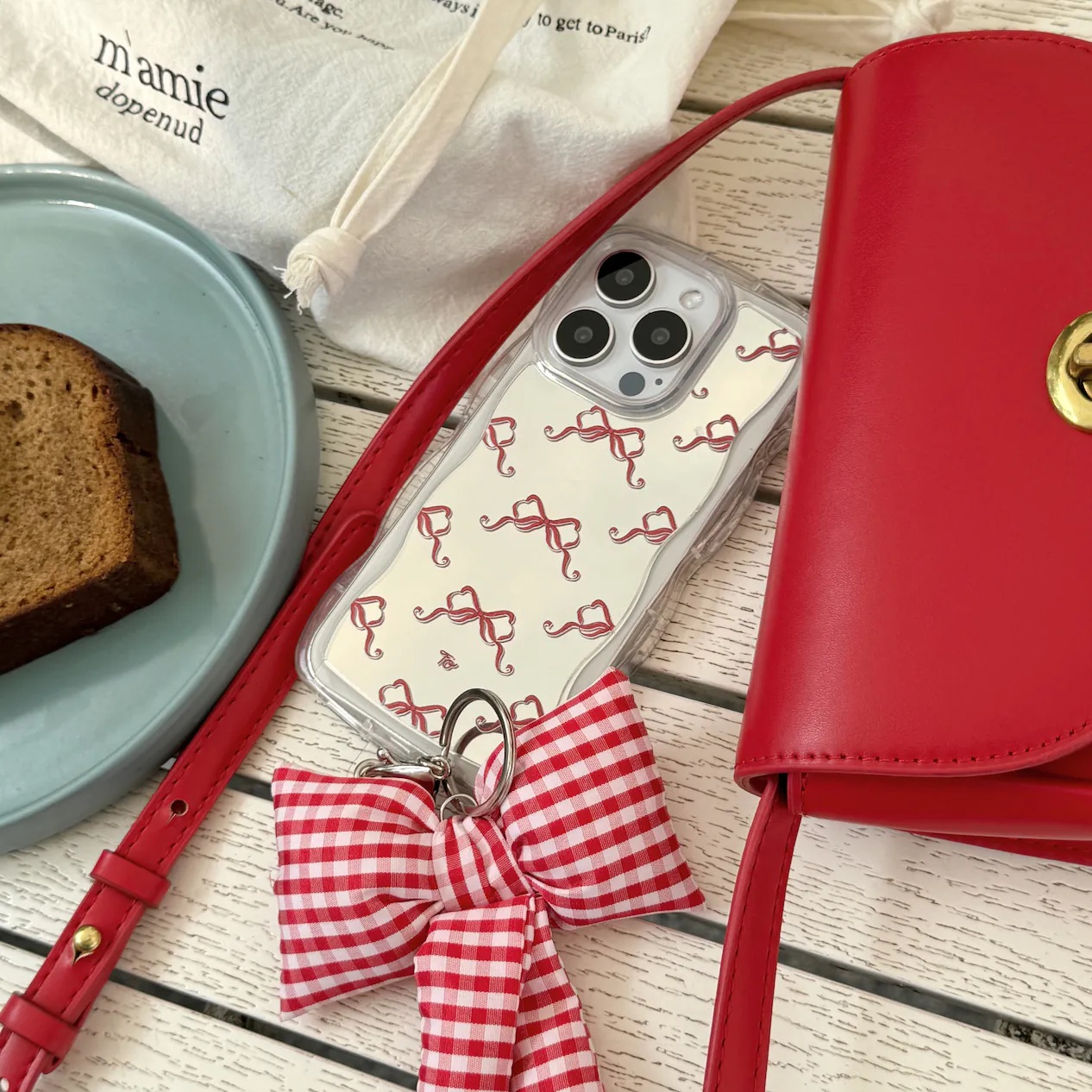 Phone Charm Set｜布款大蝴蝶結掛飾*紅白格子*