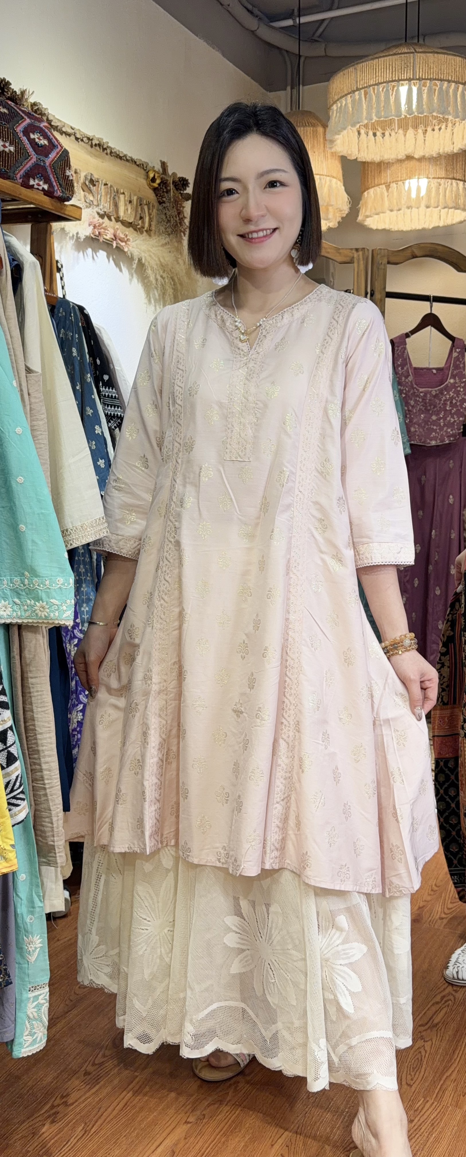 2214 Light Pink Gold Print V-Neck Kurta 37"