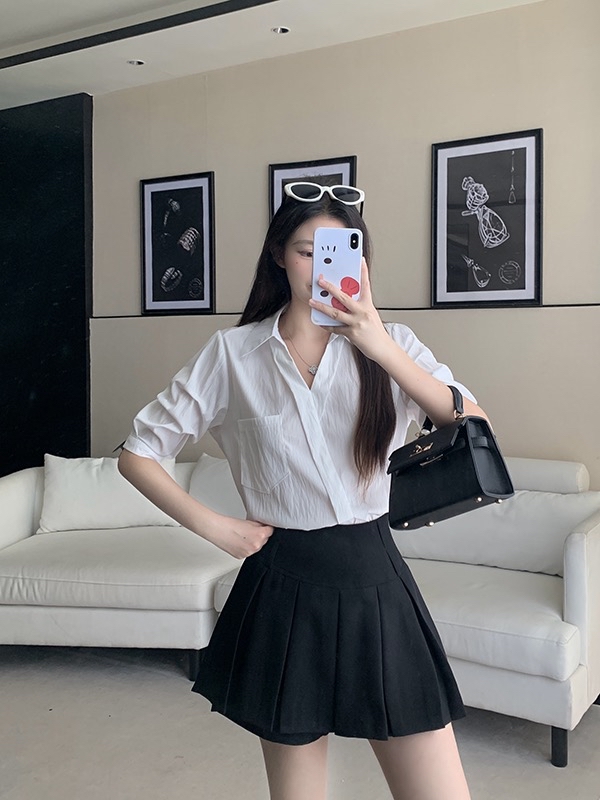 B148(3919) 韩系气质交叉翻领单口袋蓝白衬衫上衣 