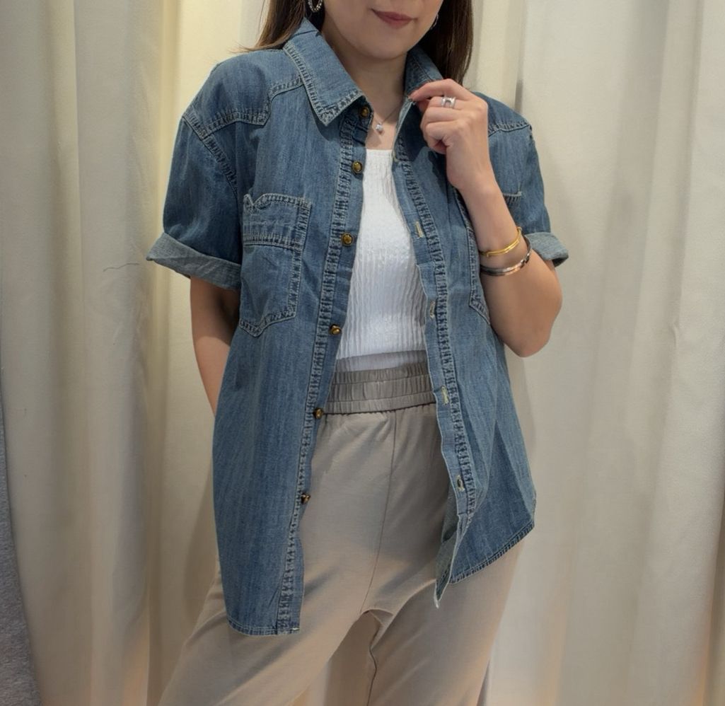 柔軟洗水牛仔中長款短袖襯衫/外套