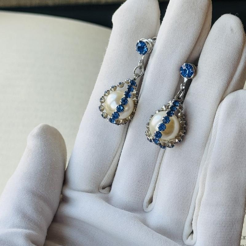 Vintage 1950s Royal Blue Rhinestone Caged Faux Pearl Screwback Earrings(MT2253)