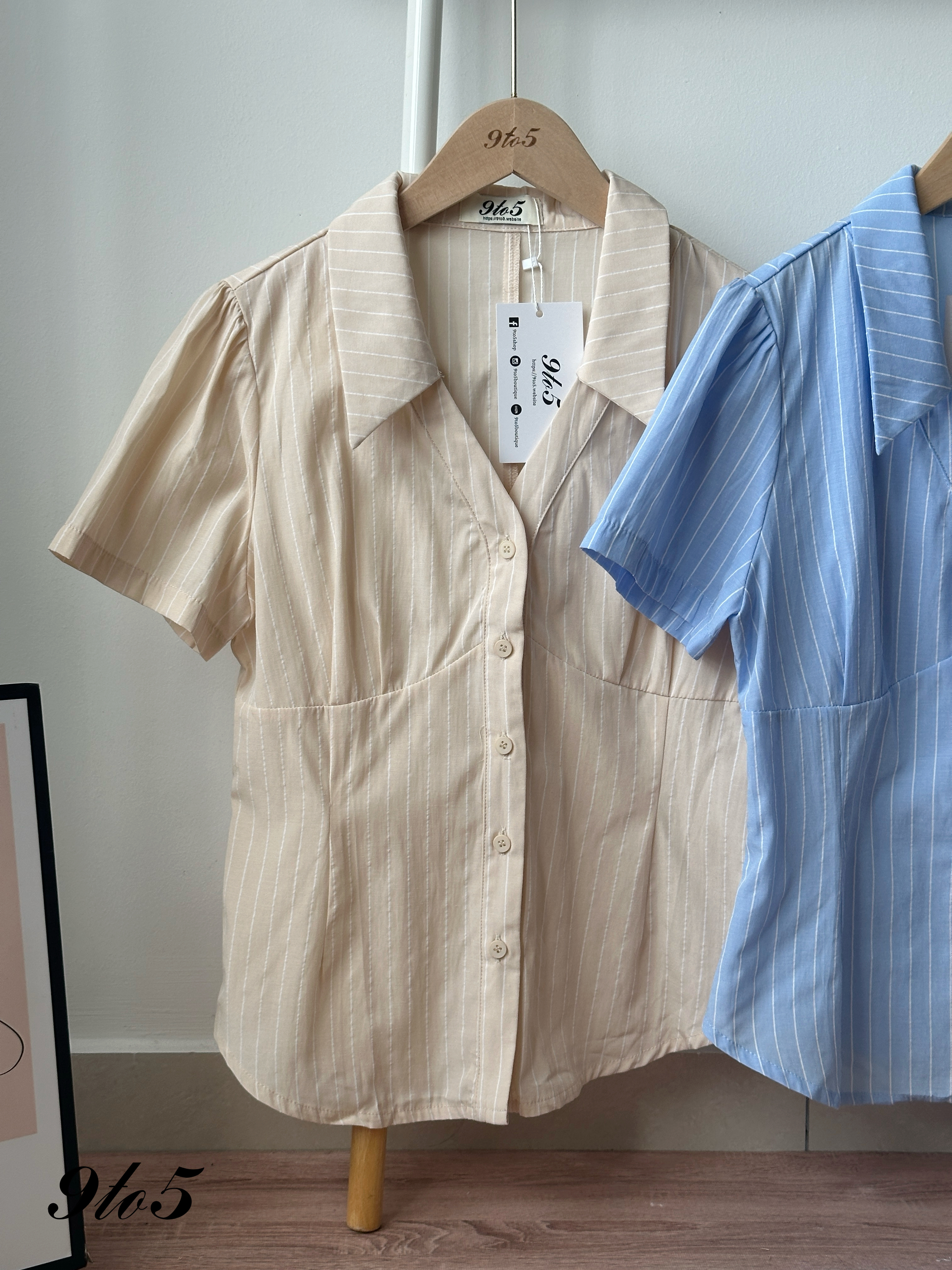 T4315 V Neck Stripe Shirt - Beige & Blue