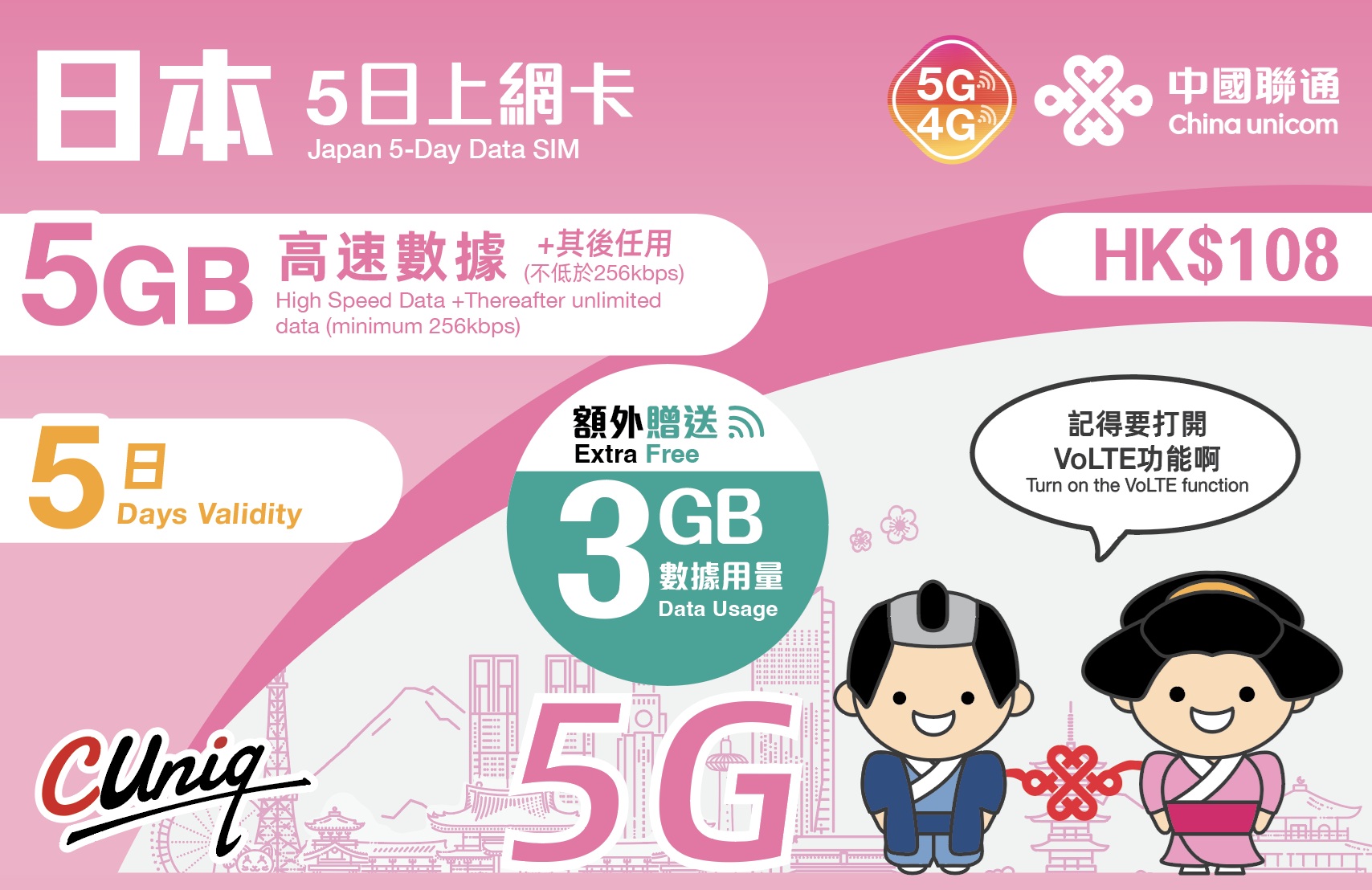📬限時包平郵📬新舊包裝發貨✈️中國聯通5G日本5日8GB 無限上網 短期旅遊 食買玩轉日本 Outlet 無需實名 Japan Data sim 櫻花 大阪 東京 暑假 長假期 全日本適用 