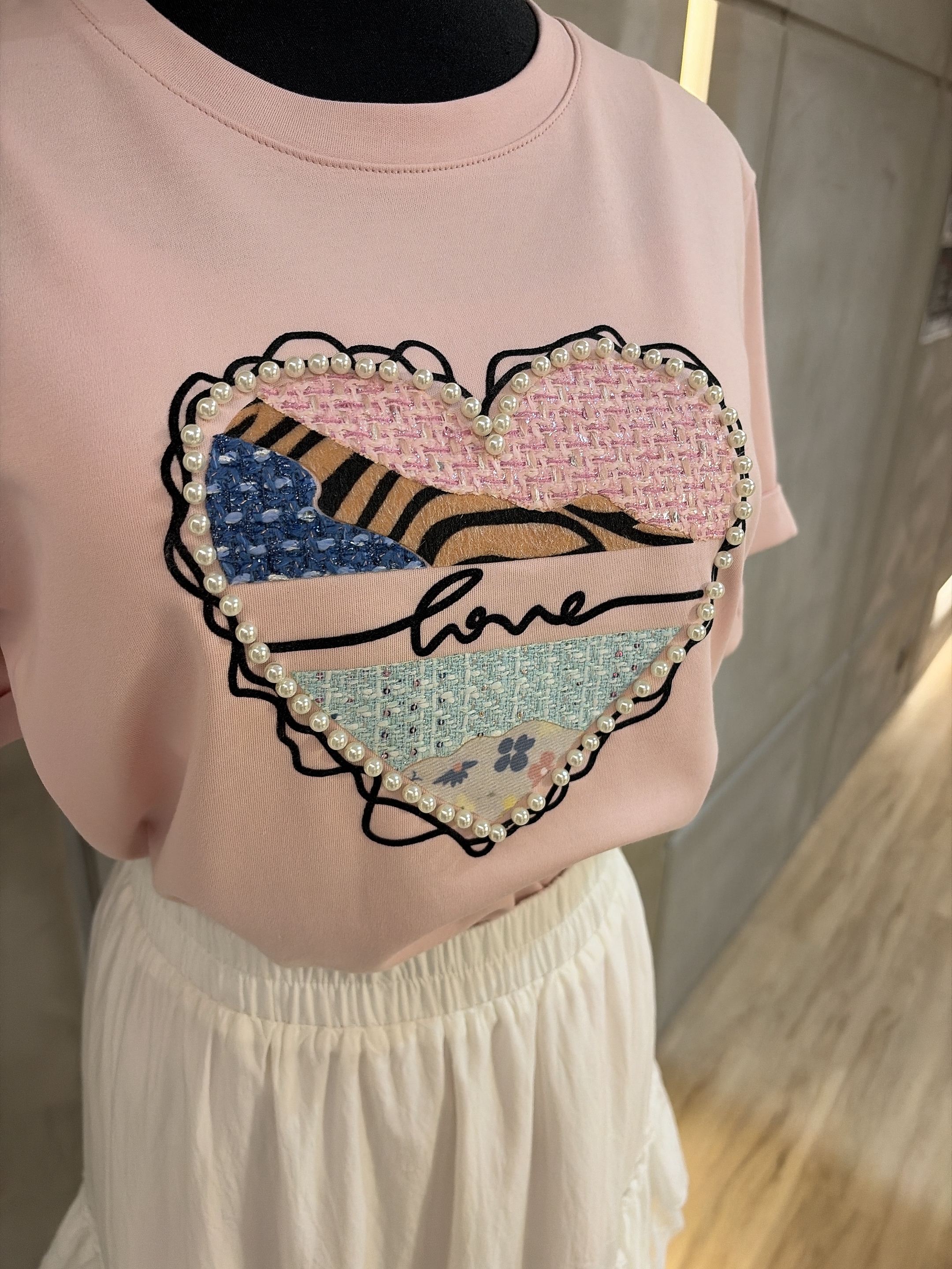 Tweeds拼色心型珠珠滑棉Tee 