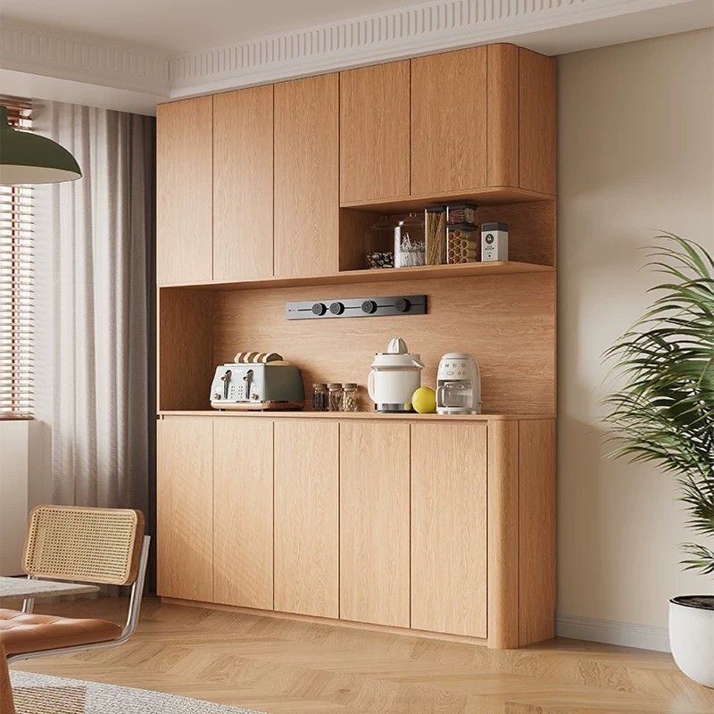 實木橡木圓弧餐邊櫃 靠牆一體儲物櫃 現代簡約客廳家用茶水櫃Storage Cabinet
