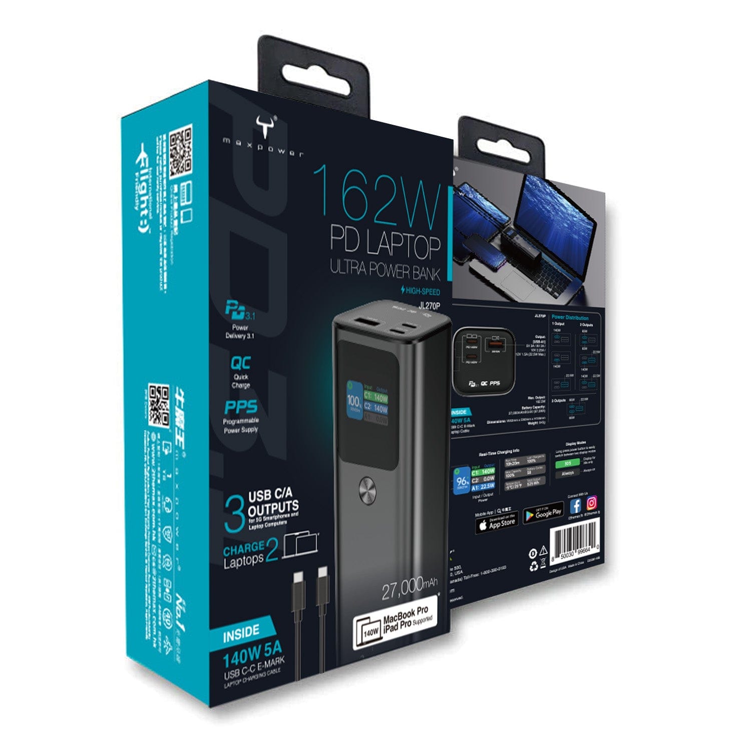 Maxpower 162W PD 筆記本電腦超薄移動電源，27,000mAh