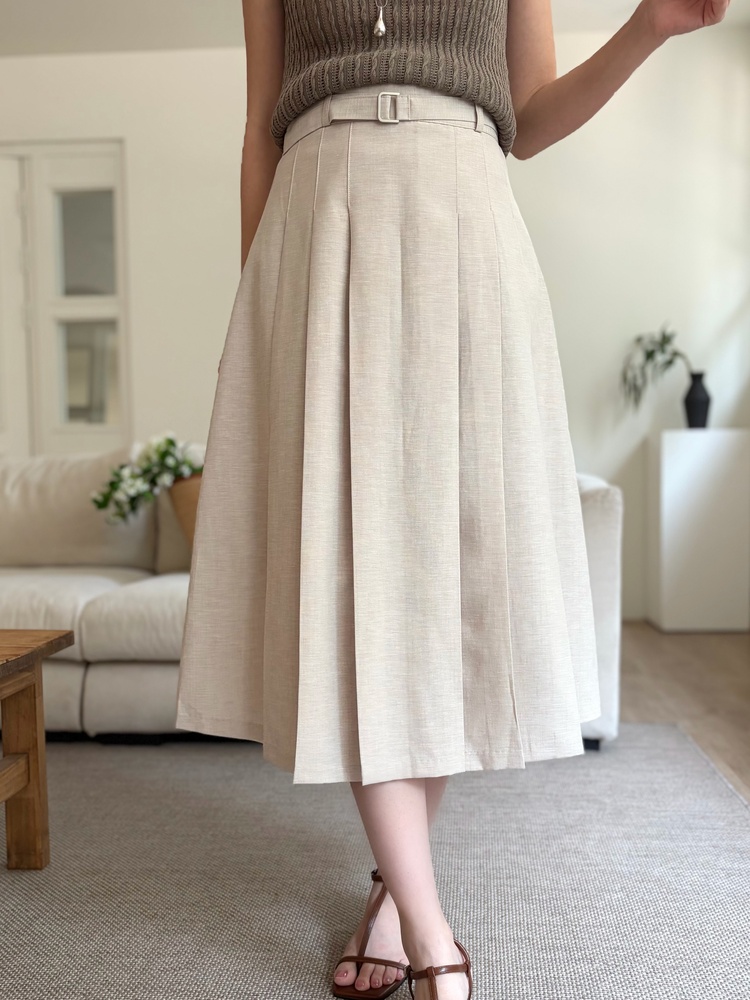 Linen Blend Pleated Skirt (Oat)