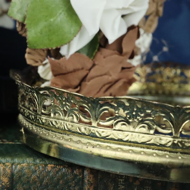 C.a. 1960-70s Stamped Filigree Gold Tone Round Mirror Tray / Vanity Tray (MT1686)