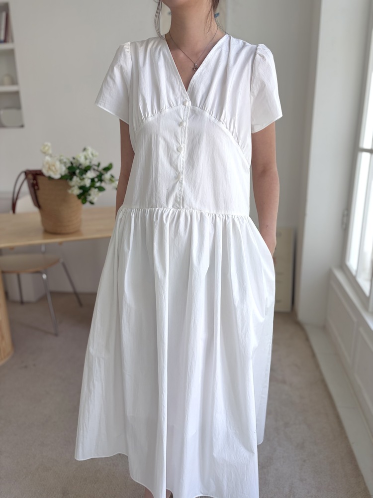 Airy Button Front Long Dress (White)