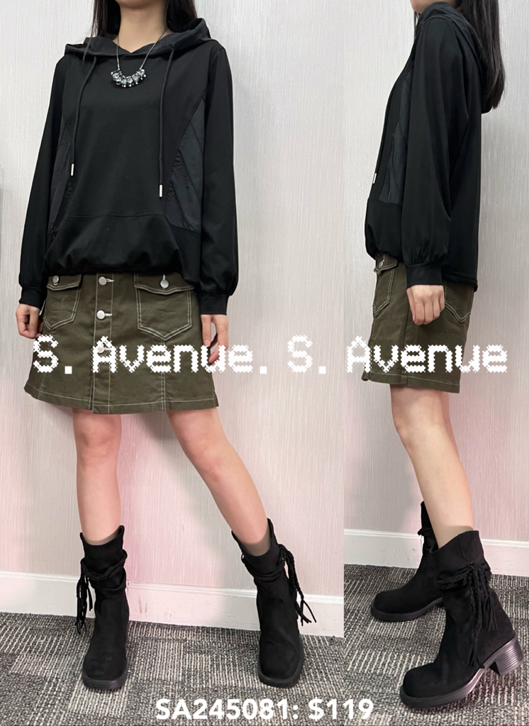 SA245081: 長袖有帽側拼暗紋料tee