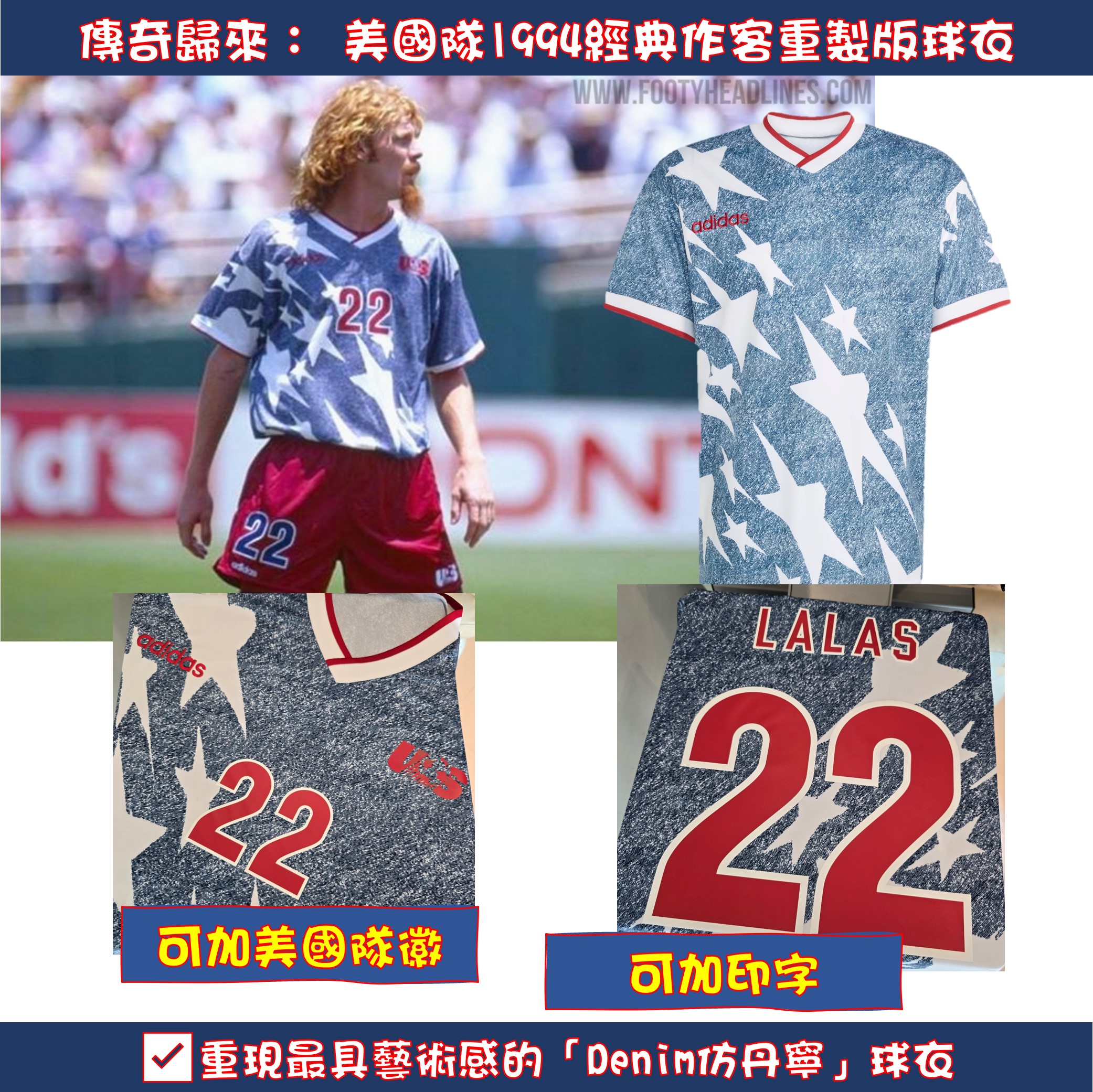 ⚽️ 傳奇歸來：Adidas 1994 美國隊「丹寧星旗」經典重製版球衣 (可加印隊徽+印字) KB2726