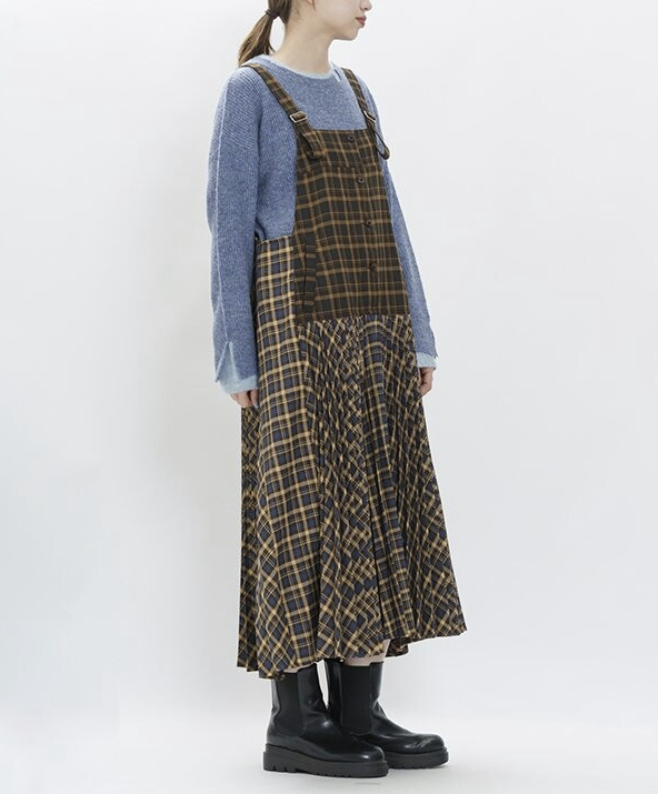 雙格紋交織百褶連身裙 - 2026 流行穿搭  女士連身裙 春秋冬時尚穿搭 成人休閒 日常穿搭 易於配搭 日本直送   #JP-I-260001