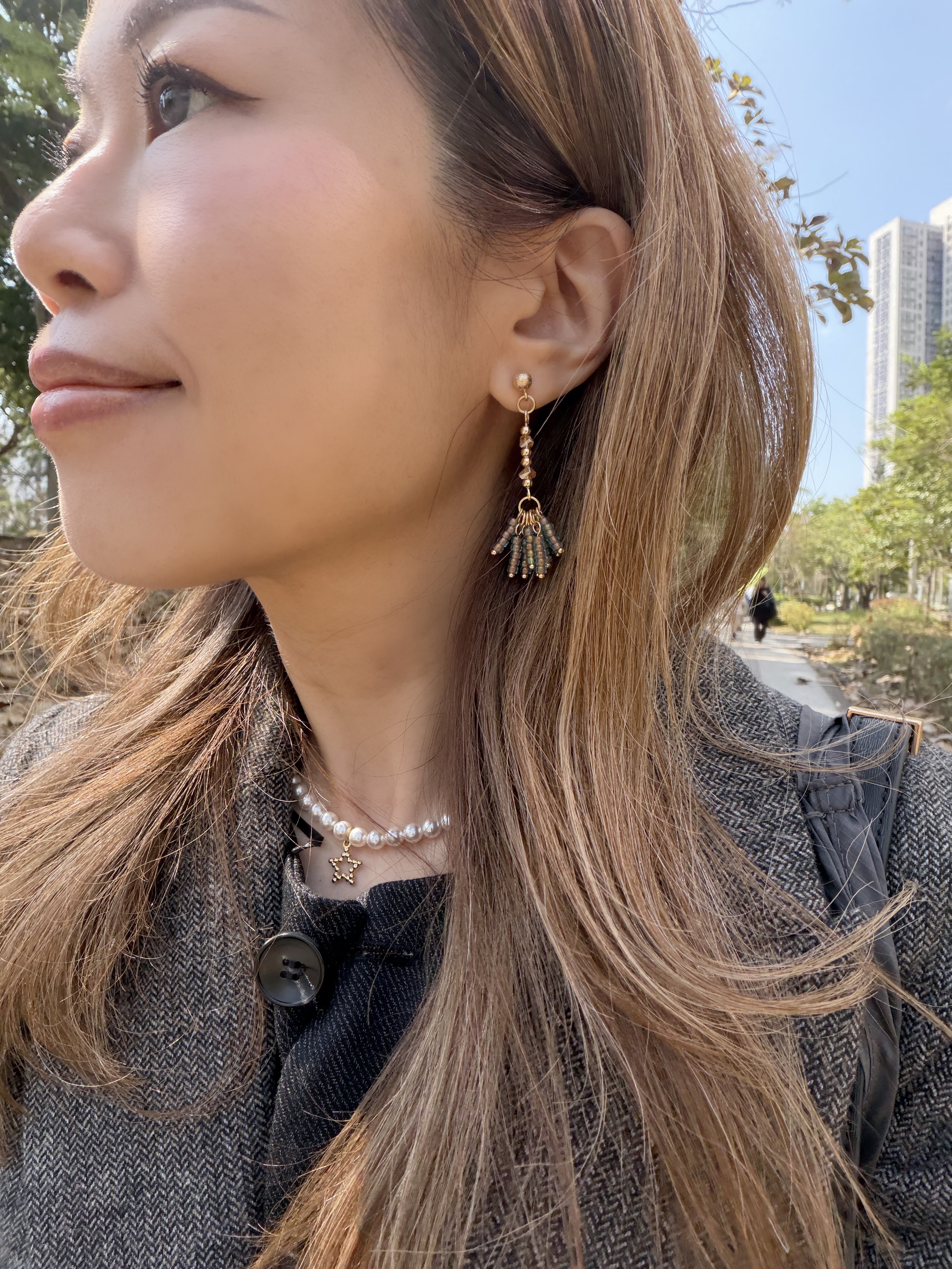 流穗長款耳環/復古棕綠x金色($198)