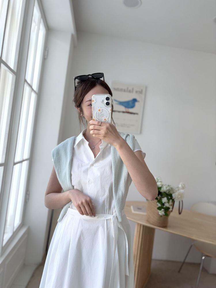Elasticated Waist Shirt Dress (White)