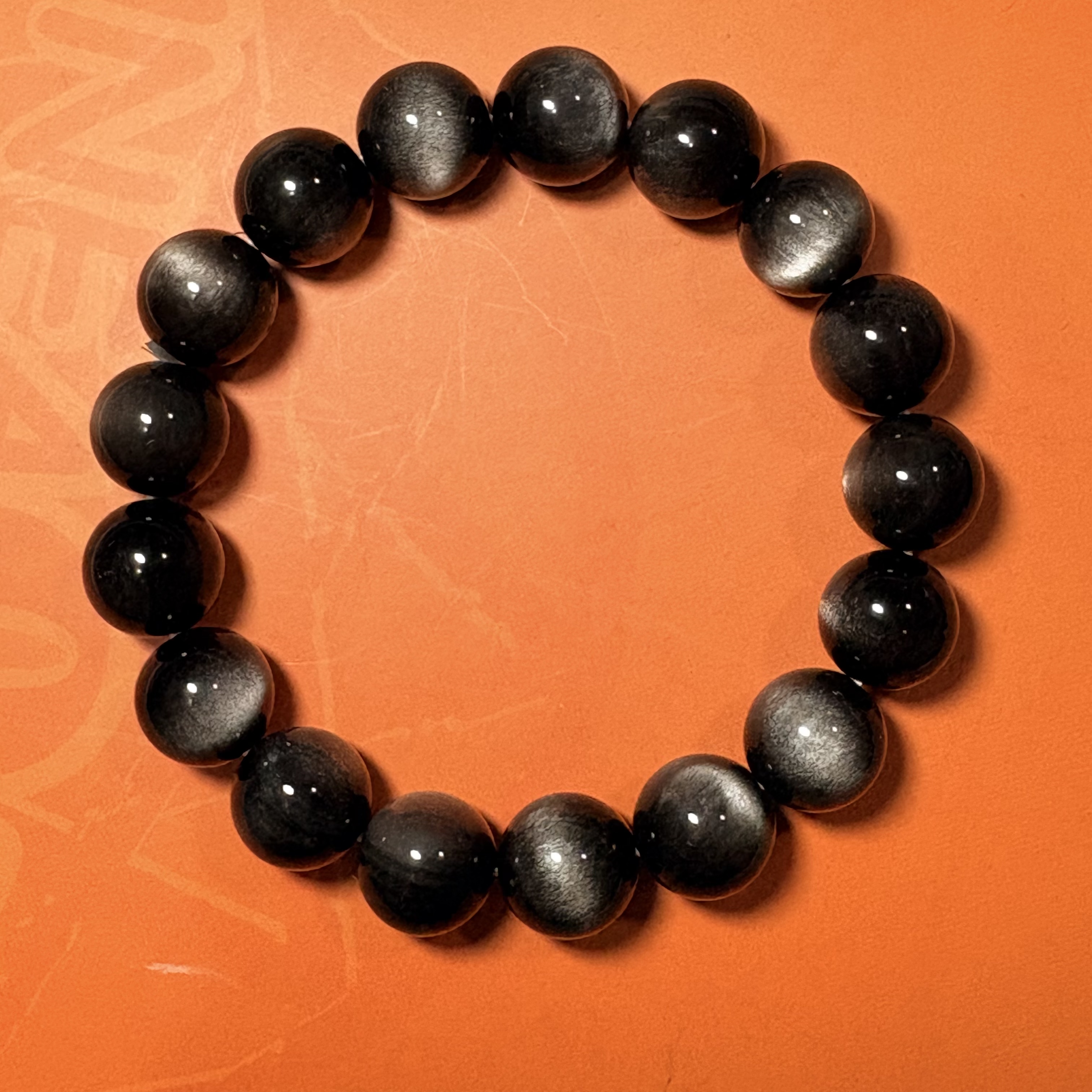 銀黑曜石手串No.4591丨精品貓眼級✨丨12mm珠16.5-17cm手圍