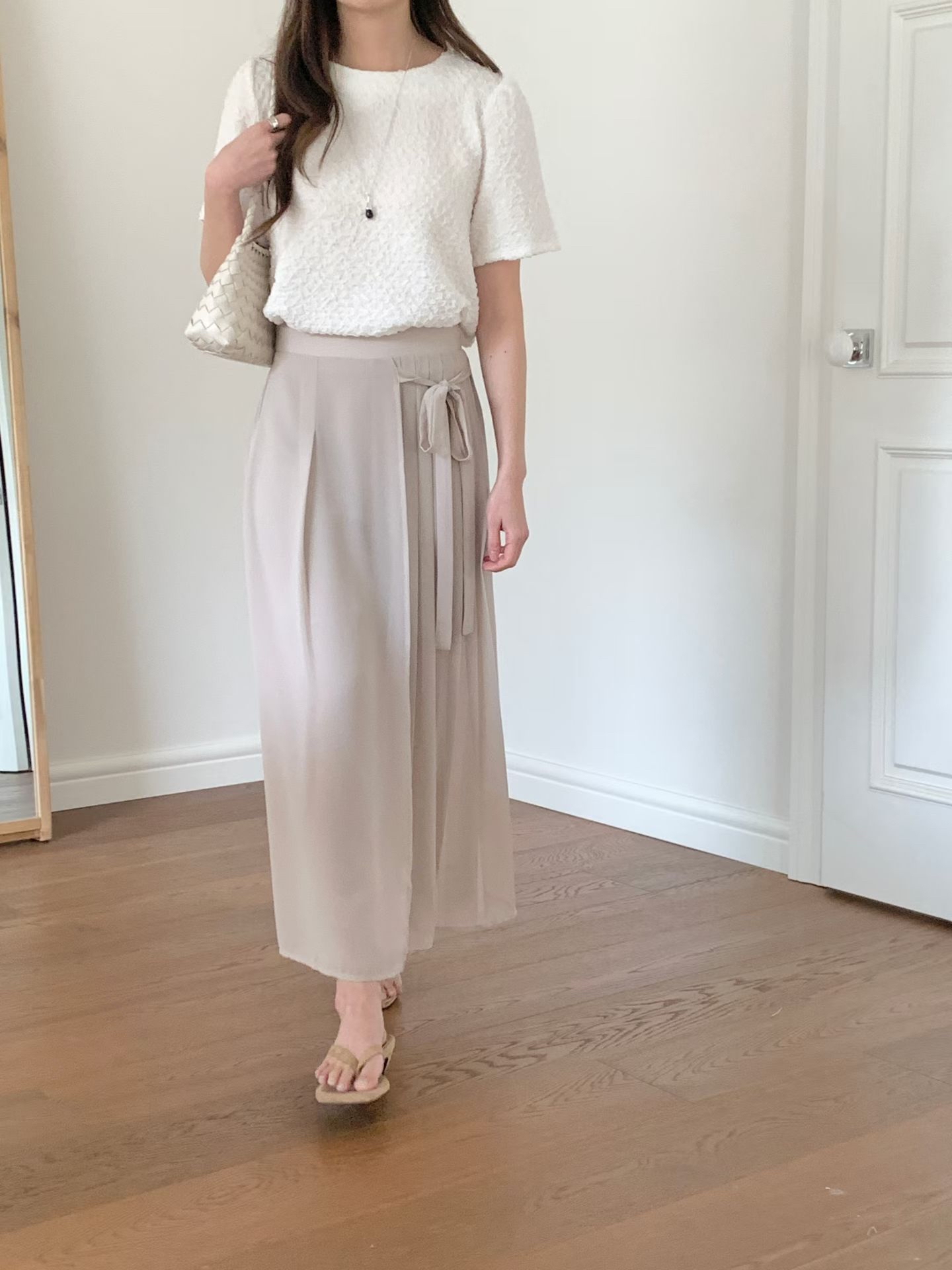 CT23 飄逸雪紡壓褶繫帶高腰寬裙褲