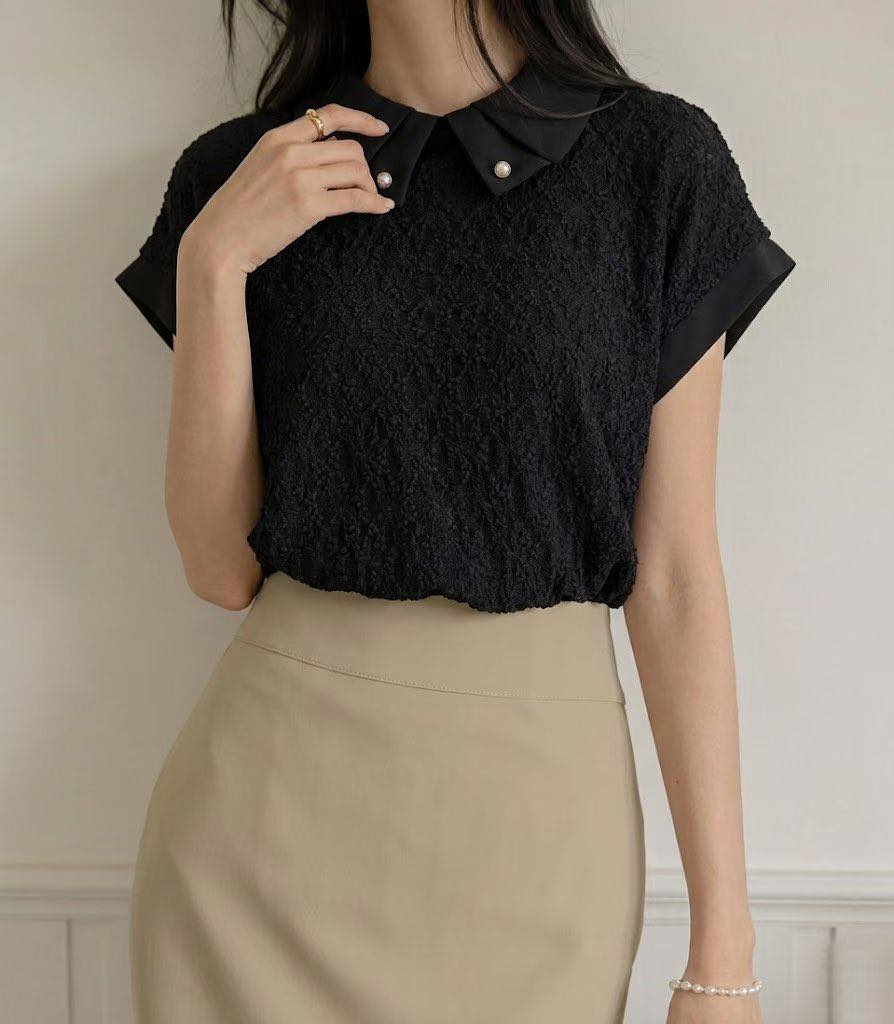 精緻蕾絲珍珠領短袖上衣 