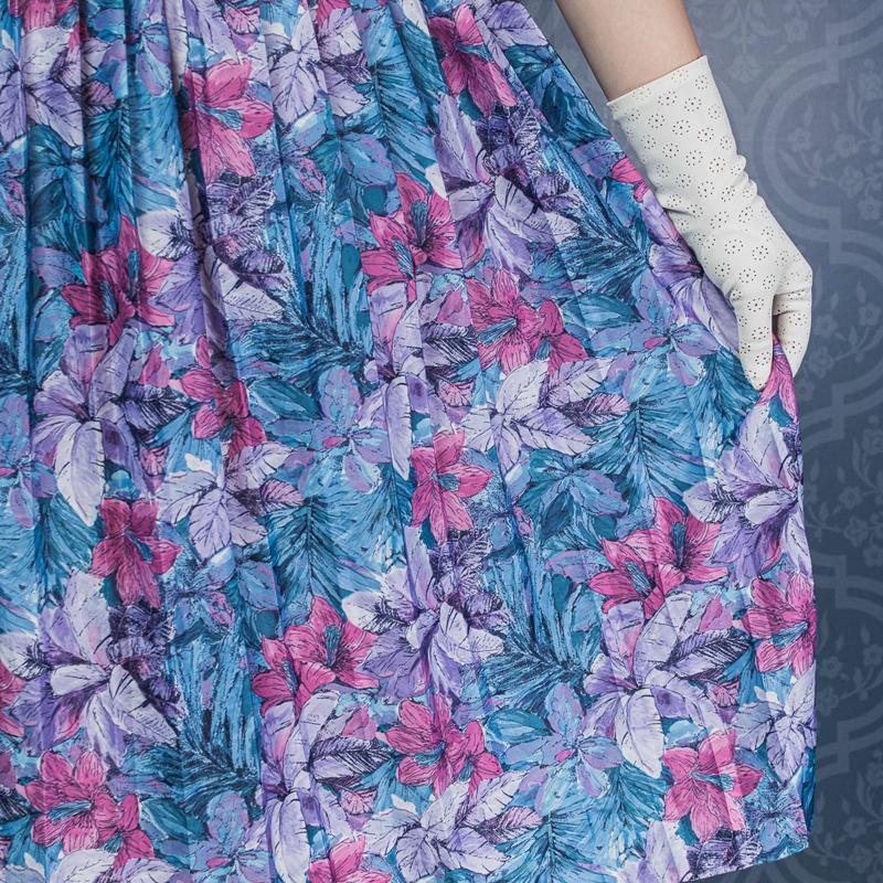Remade - Made in USA Tropical Violet and Blue Floral Off-shoulder Day Dress (MU104-13)