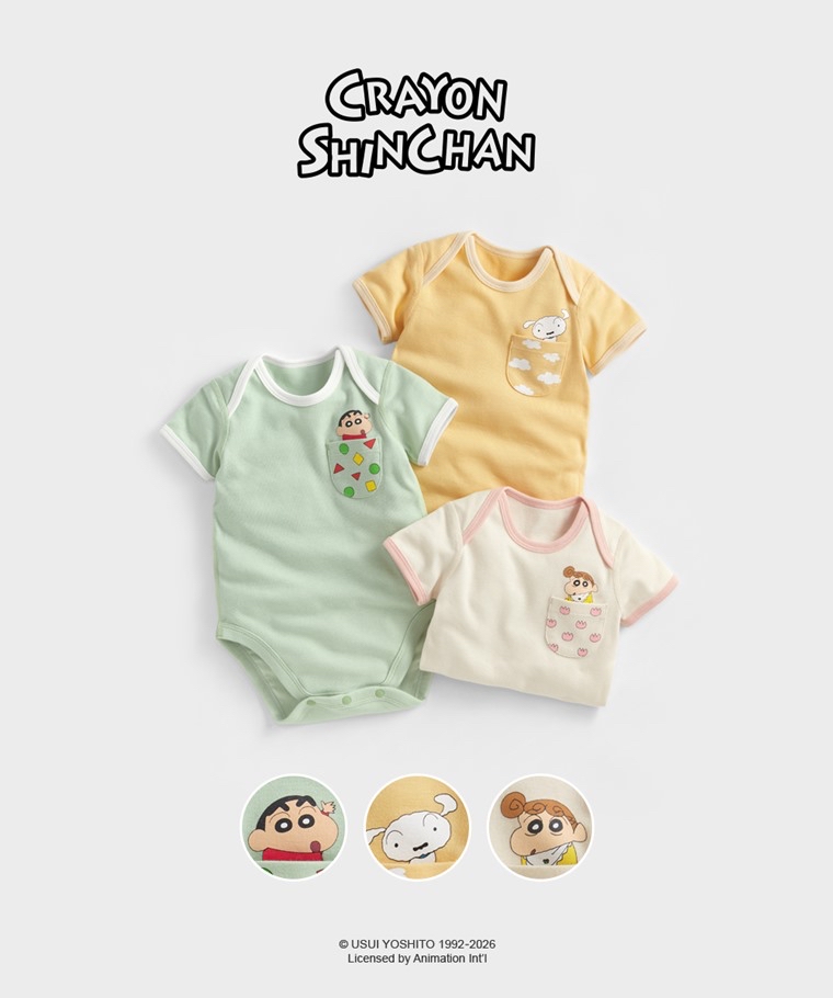 💚預訂 台灣直送💚三色蠟筆小新系列口袋印花純棉短袖包屁衣