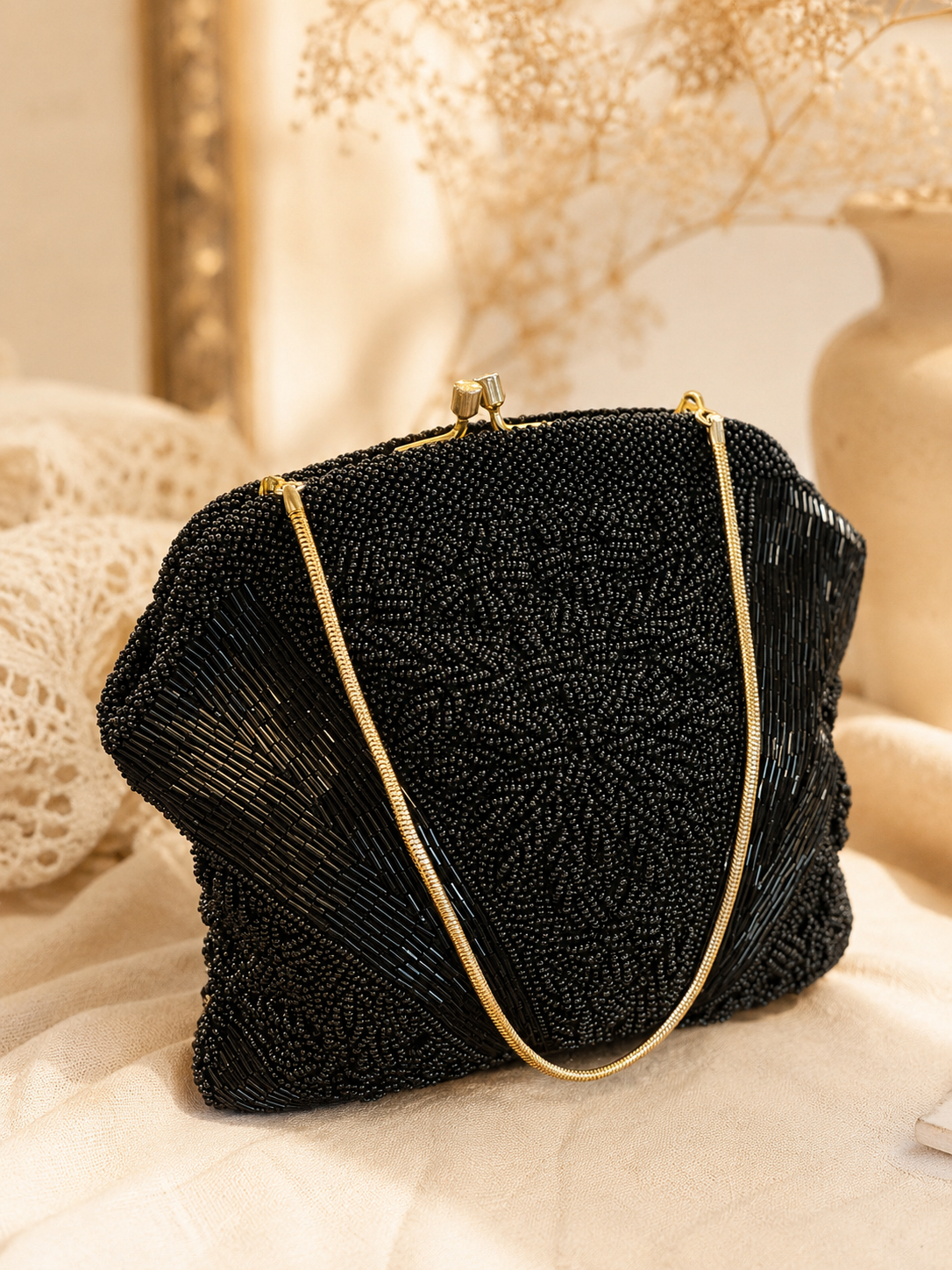 C.a. 1960s "Created by Mr John" Made in Hong Kong Floral Black Bead Bag (MT2501)