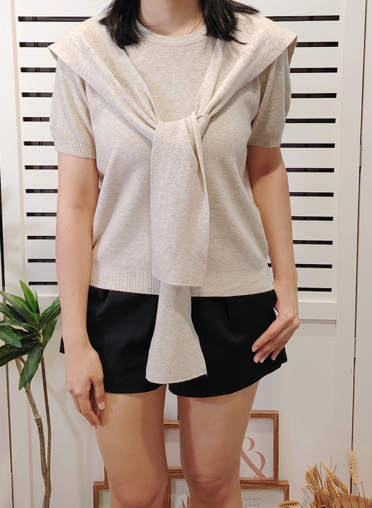 S2310 Knitted Short Sleeve Top With Shawl