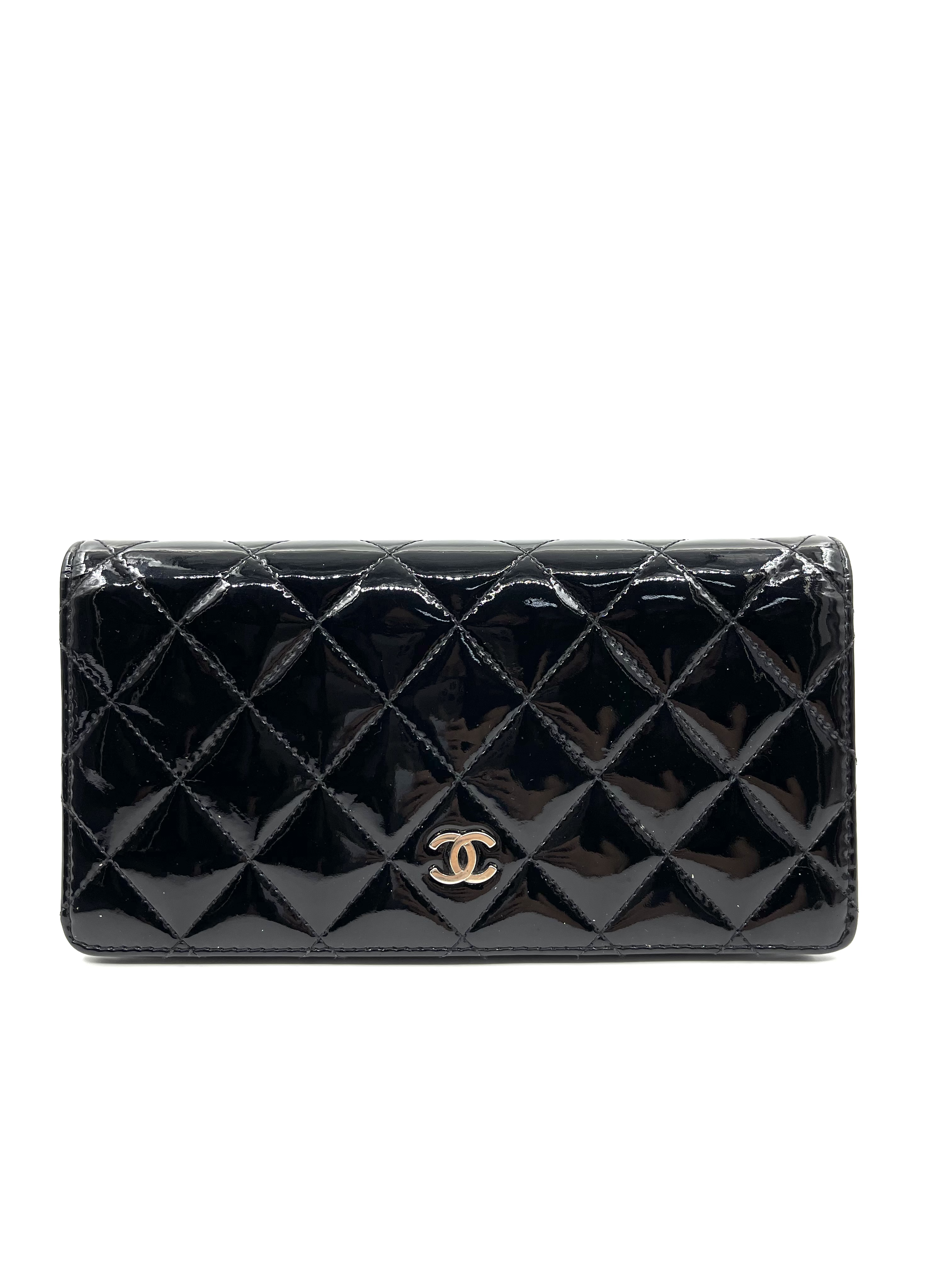 Pre-owned Chanel Black Quilted Patent Leather Long Flap Wallet