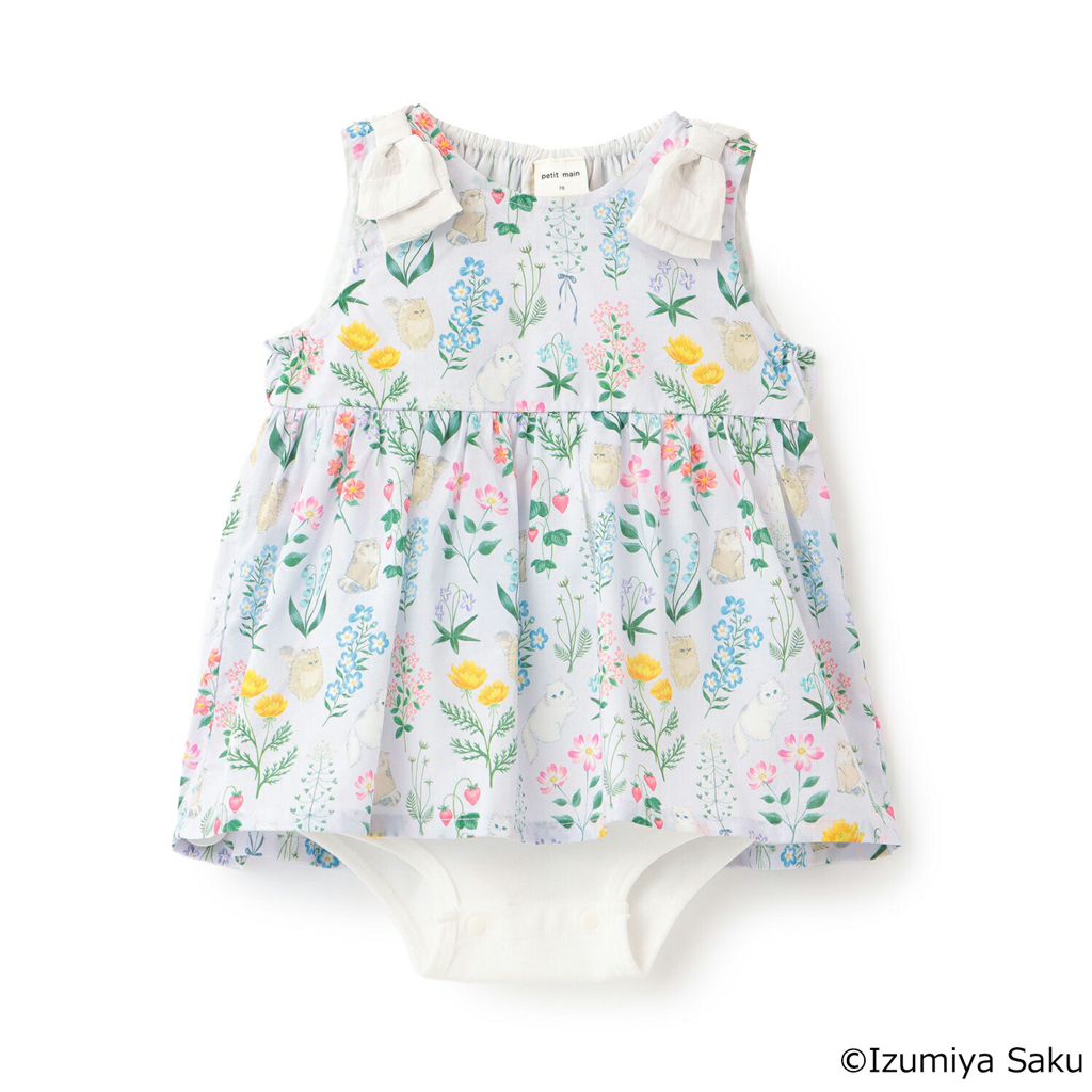 🇯🇵預訂 日本直送🇯🇵Petit Main x Izumiya Saku兩色花卉小貓滿印蝴蝶結短袖包屁裙