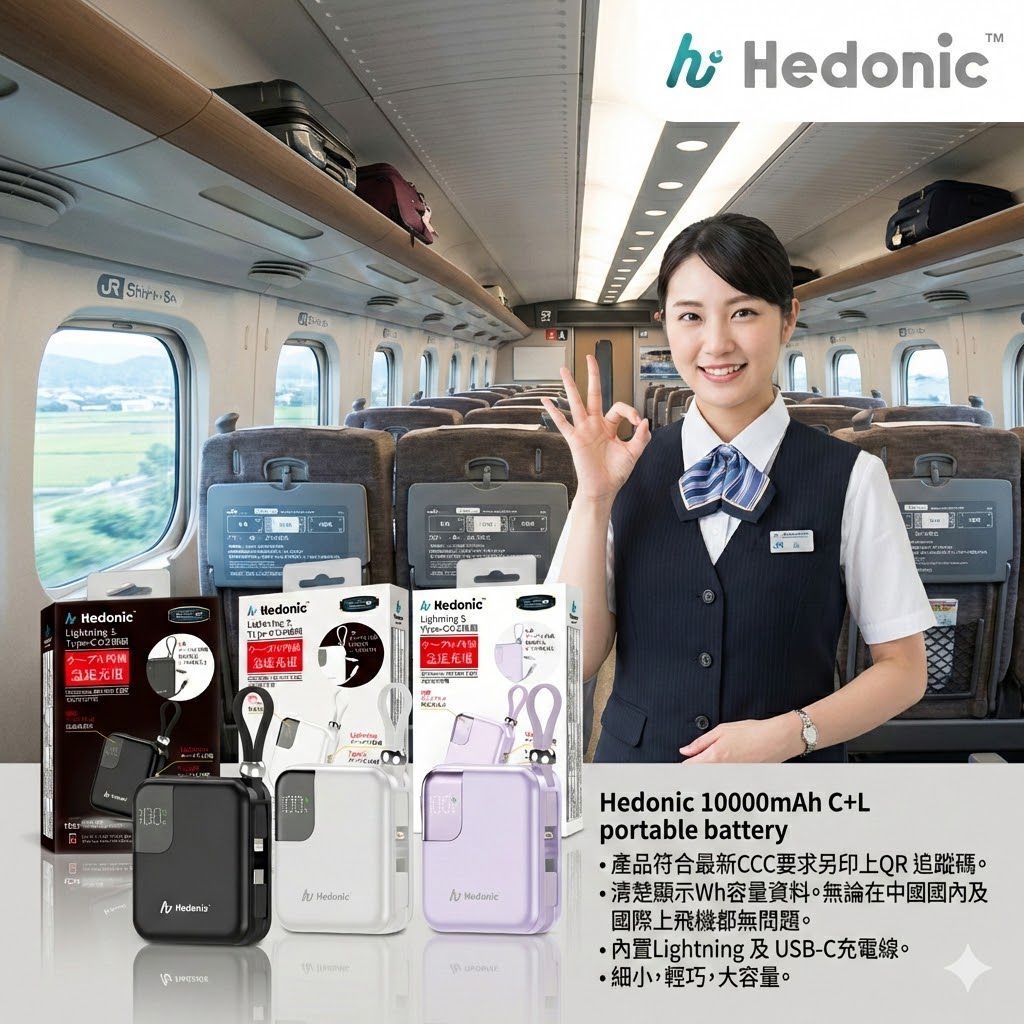 Hedonic (CCC 二維條版) 10000mah (38.5Wh) PD 3.0 22.5W Lightning & USB-C 流動充電池 (第三代, CCC 中國強制性產品認證)