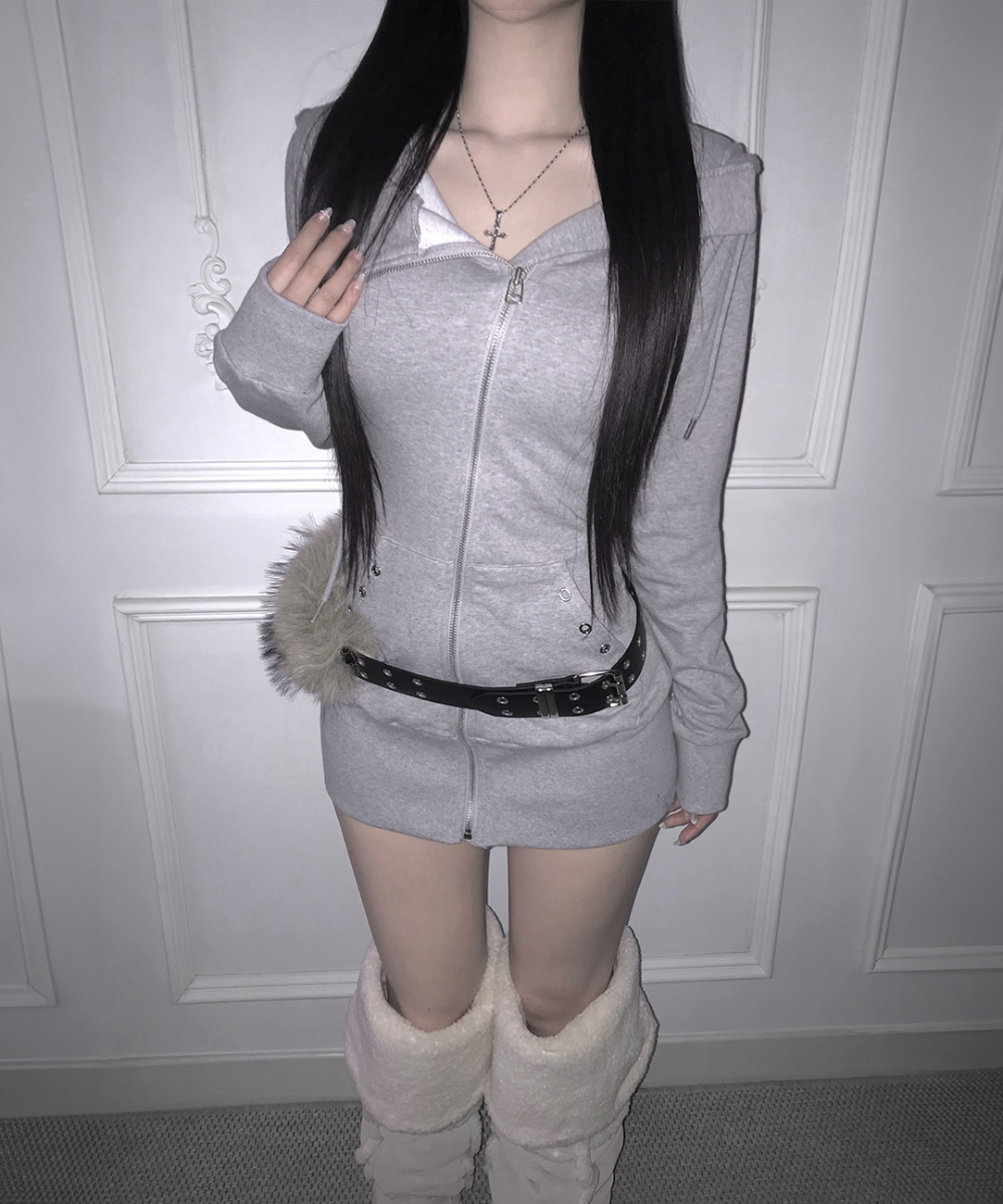 Zip-Up Hooded Eyelet Mini Dress