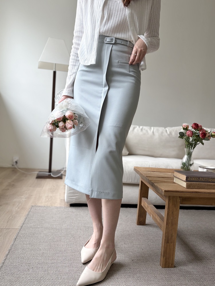 Belted Pencil Skirt (Blue)
