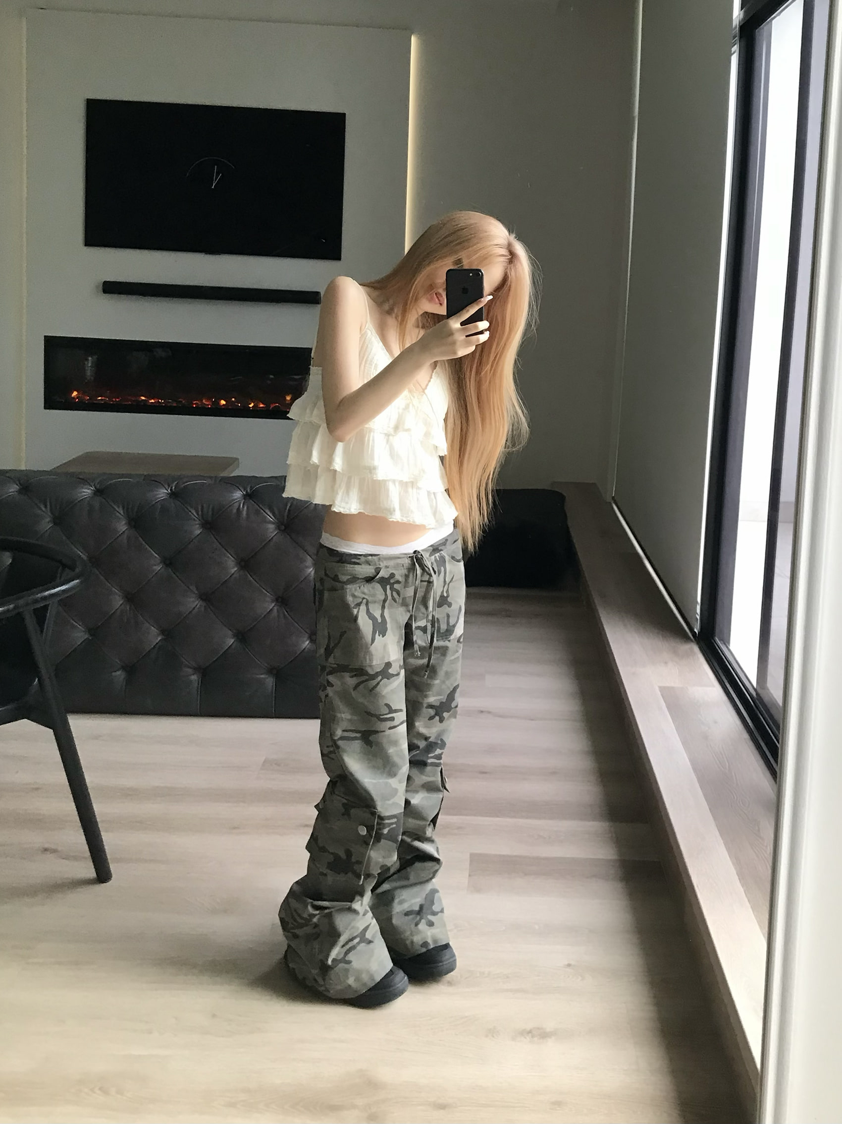 Camo Low-Rise Flare Cargo Pants