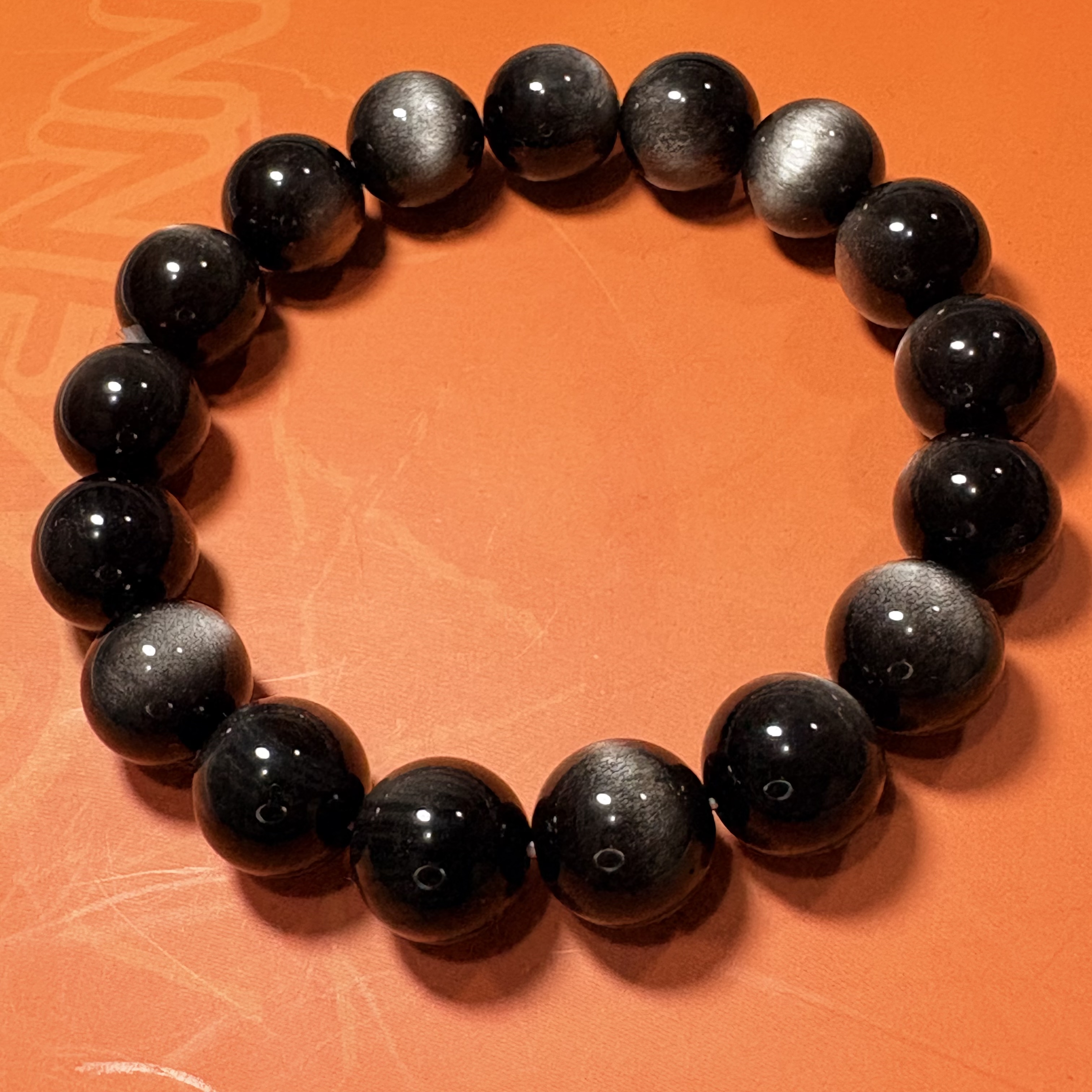 銀黑曜石手串No.4591丨精品貓眼級✨丨12mm珠16.5-17cm手圍