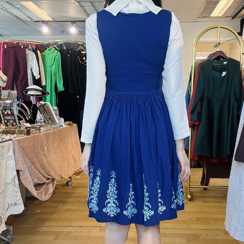 Vintage Embroidered Blue Dirndl Dress - Size S/XS