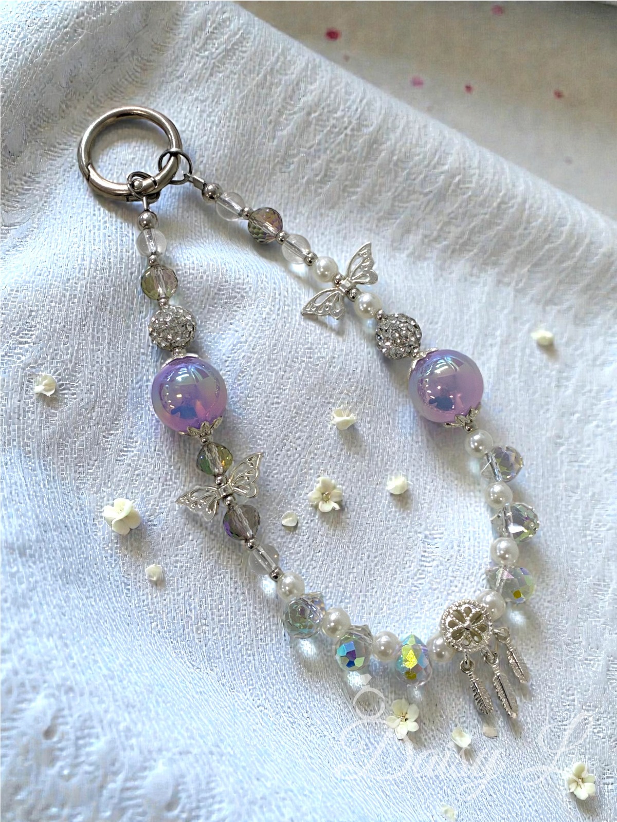 夢幻紫珠蝴蝶捕夢器水晶手機掛繩
