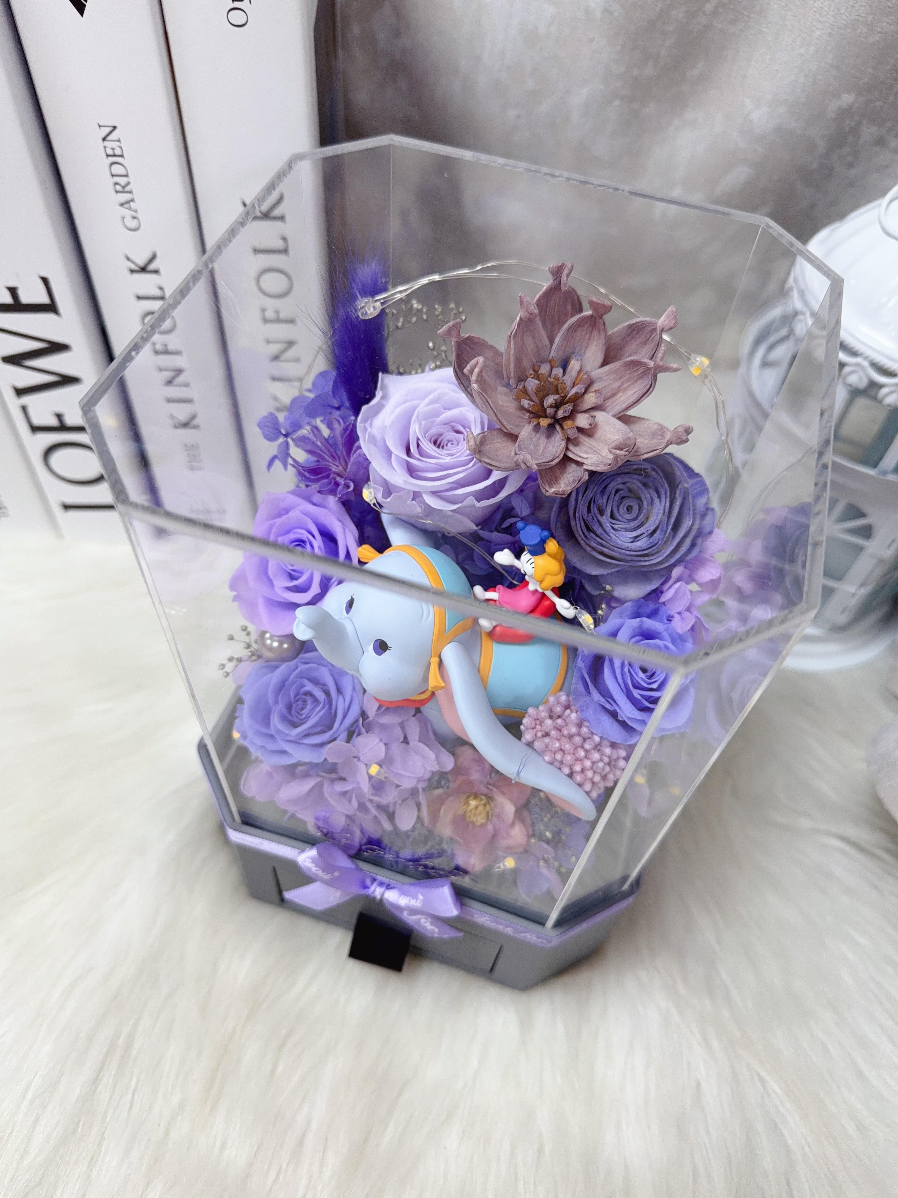小飛象紫色永生花飾物八角花盒