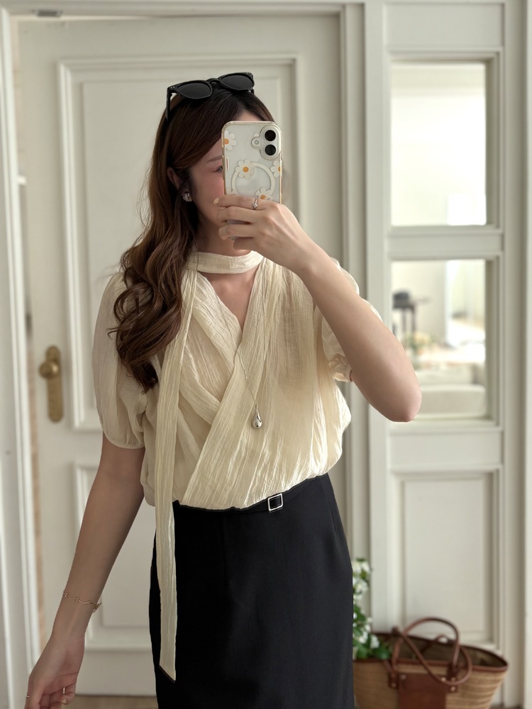Louise Wrap Blouse with Tie (Cream)