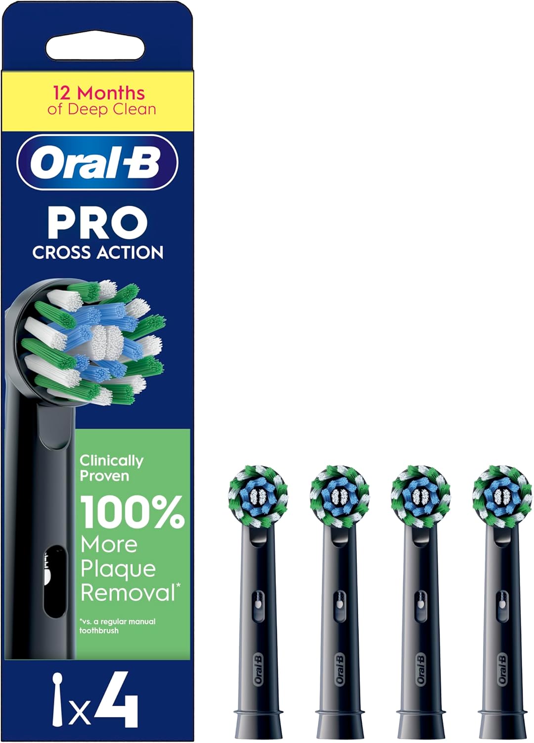 Oral B EB50 PRO CrossAction Electric Toothbrush Heads 4 Pack BLACKEB50BRX-4 Pro CrossAction 電動牙刷頭 4 件裝，配有創新的 X 形刷毛 黑色