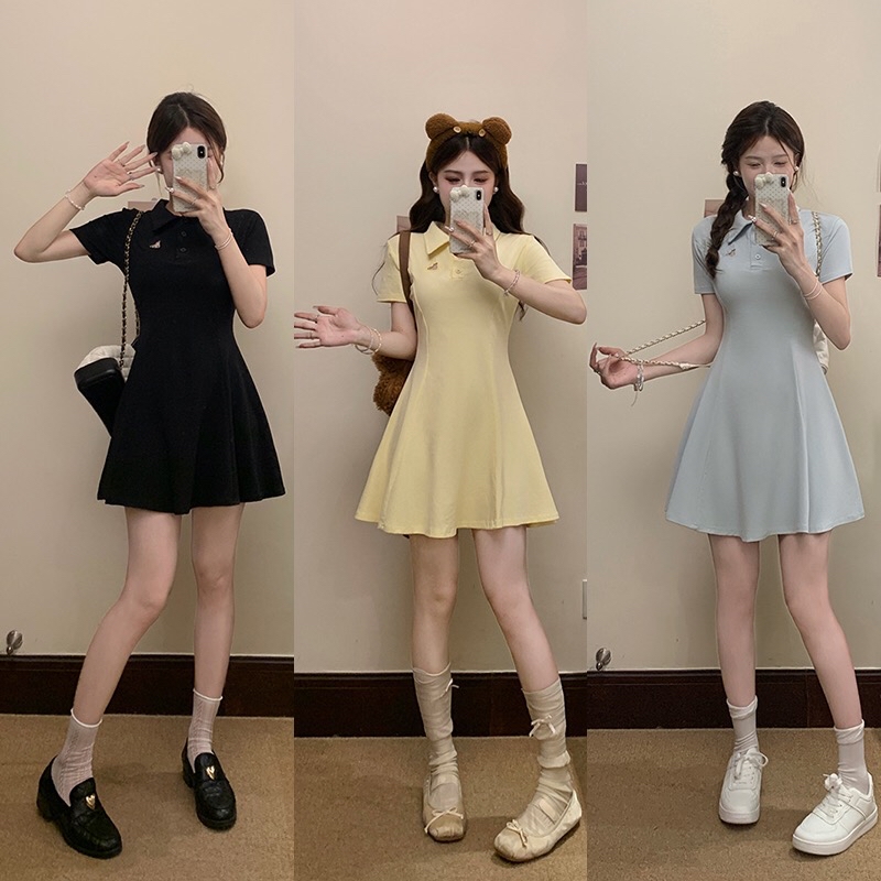 B309(22012) 韩版甜美风POLO领前后镂空KITTY 3色连身裙