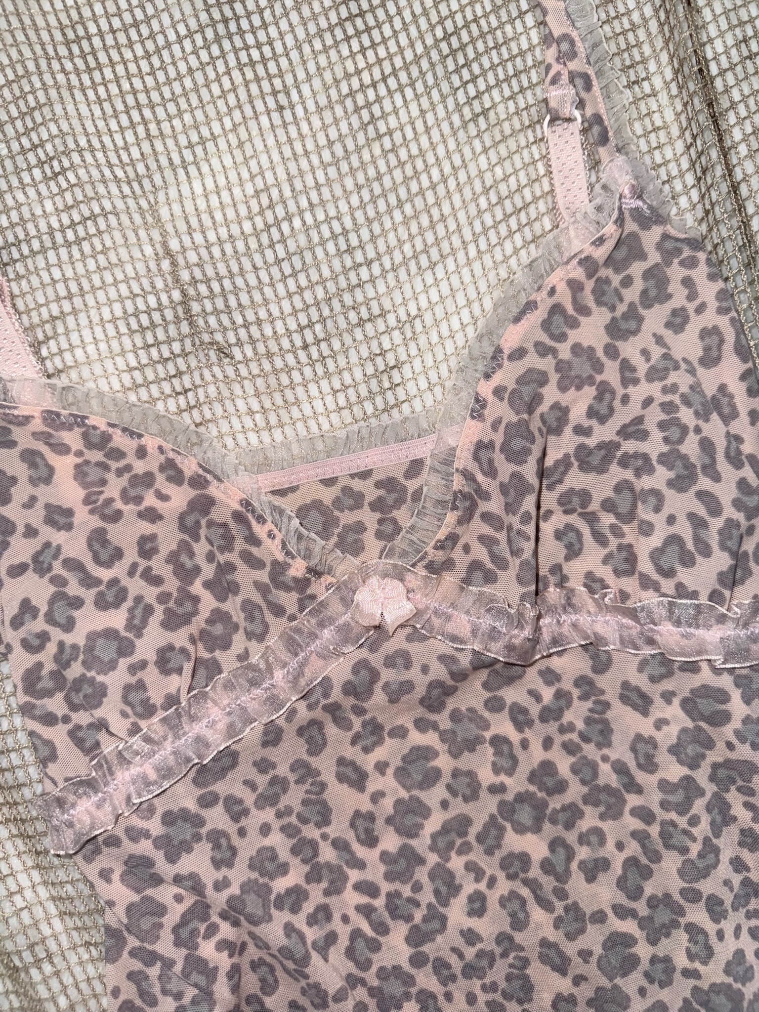 Vintage Pink Leopard Print Mesh Camisole with Lace Trim