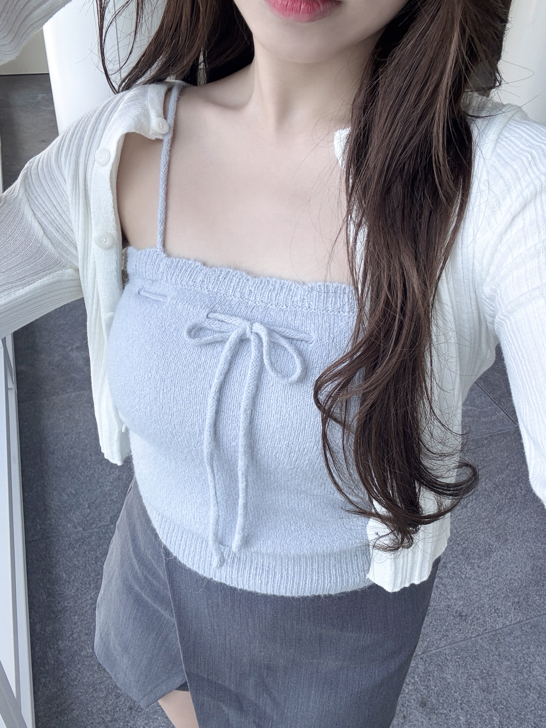 【 ⍤層次感恩物！Mohair泡泡感花邊🫧蝴蝶結吊帶背心🩵】 Bang Bang Ribbon Tank Top(三色入)