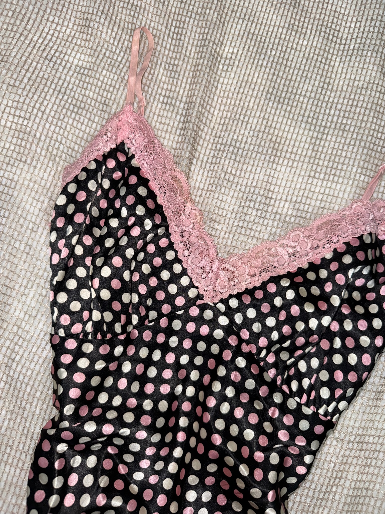 Black Pink Satin Polka Dot Slip Top