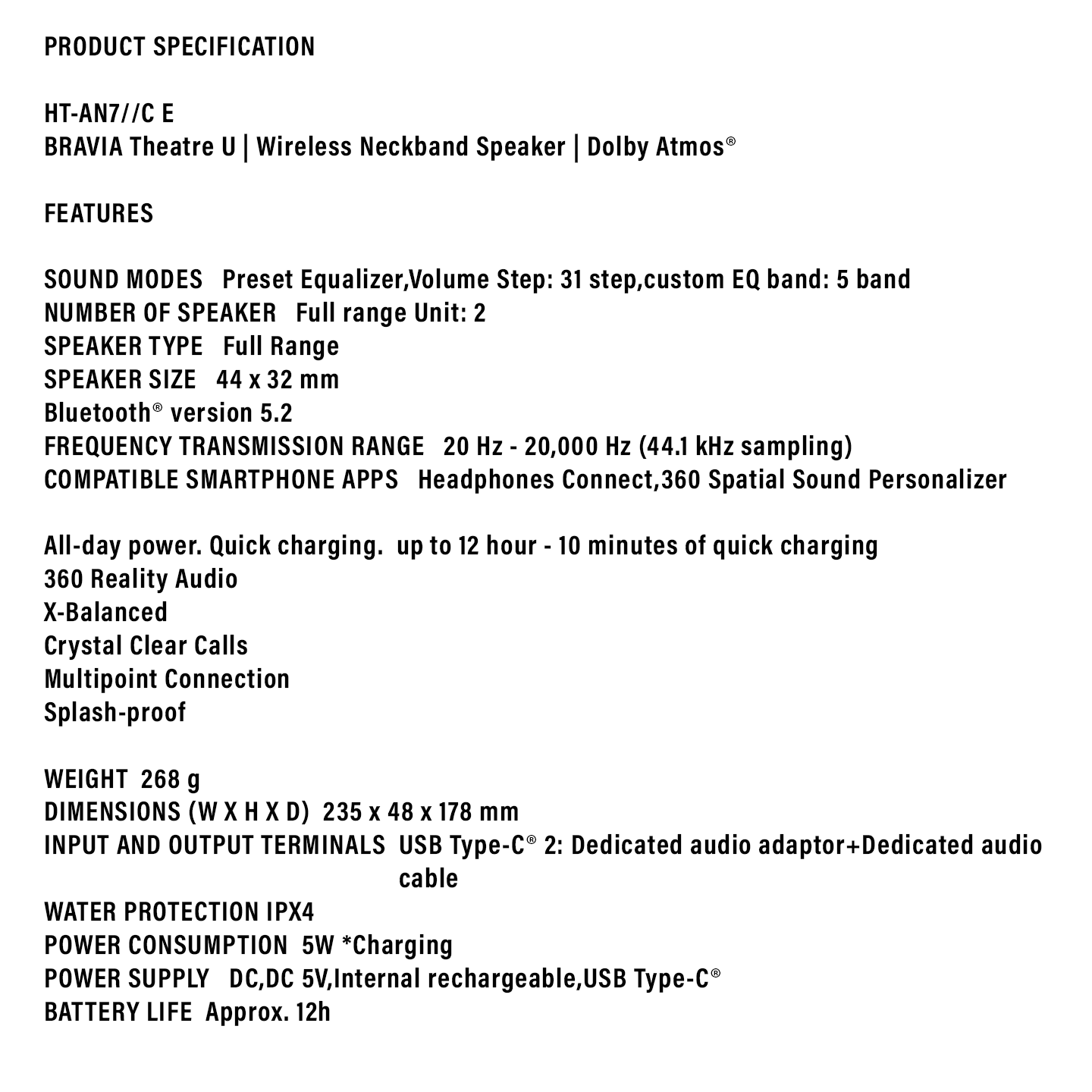 Sony BRAVIA Theatre U Wearable Speaker (HT-AN7)