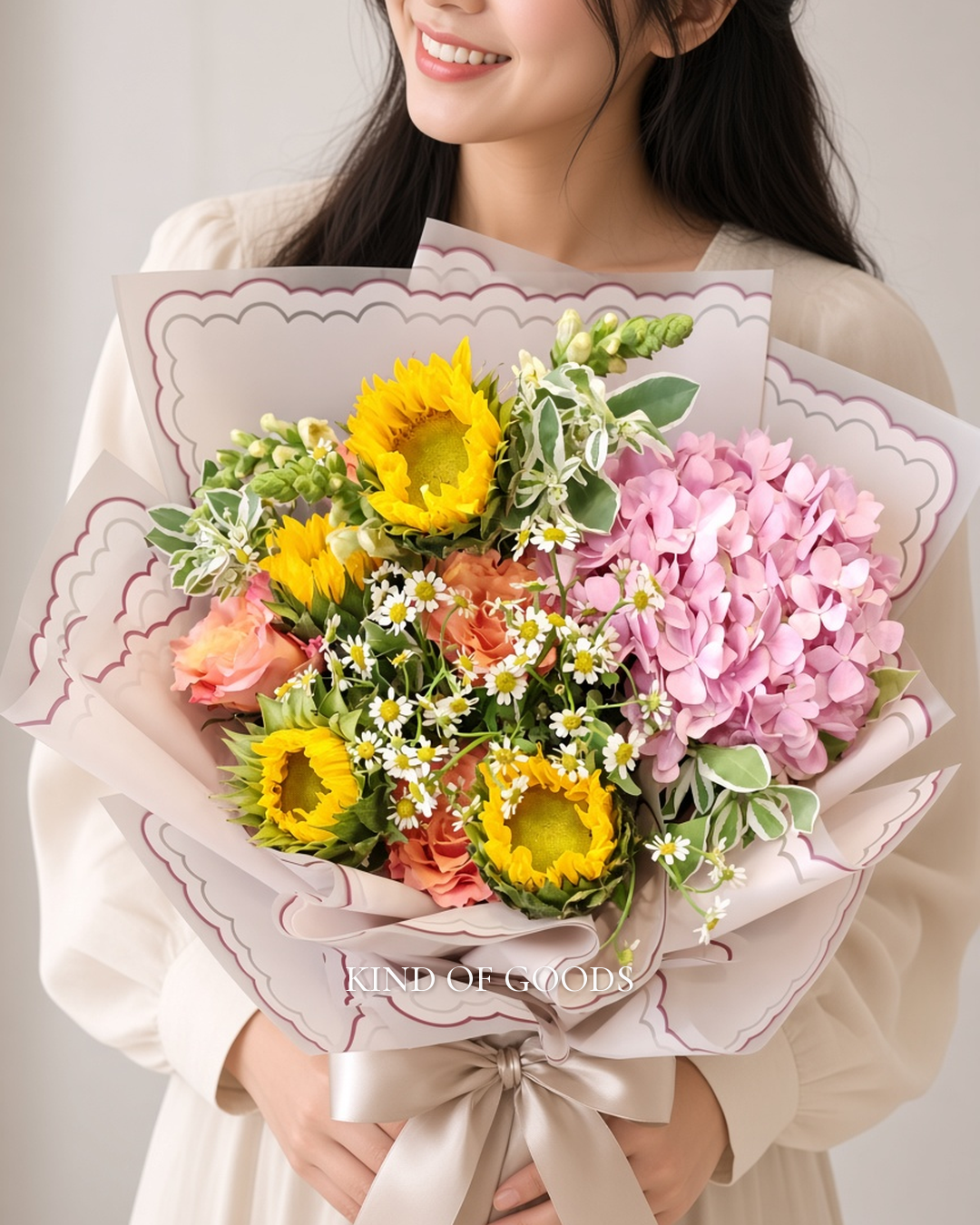 向日葵粉繡球花束