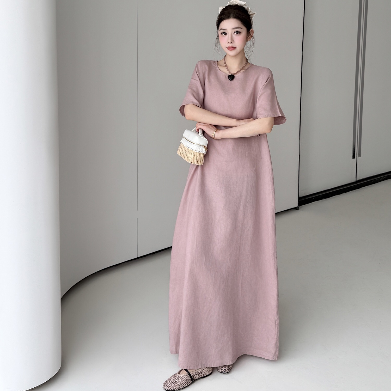 B239(61141) 韩系休闲风麻料圆领纯色藕粉连身裙