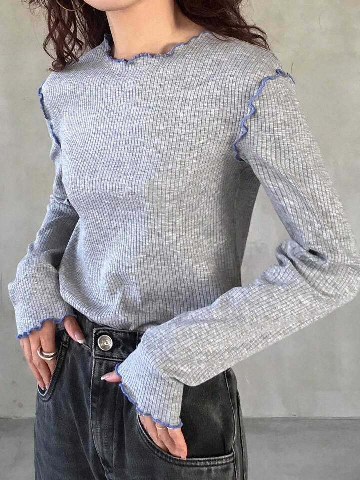 時尚羅紋長袖上衣 - 藍邊設計